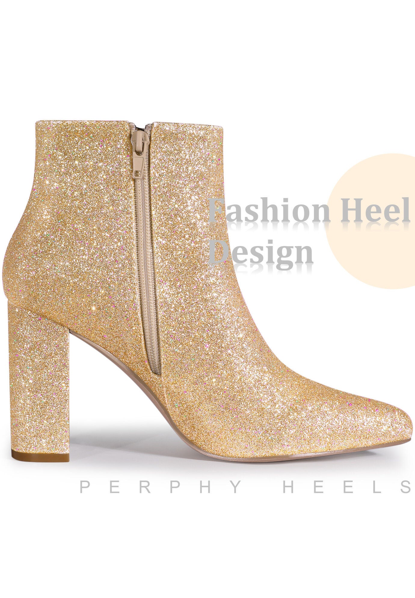 Glitter Pointed Toe Chunky Heels Sparkly Booties, Gold / Gold, alternate image number 3