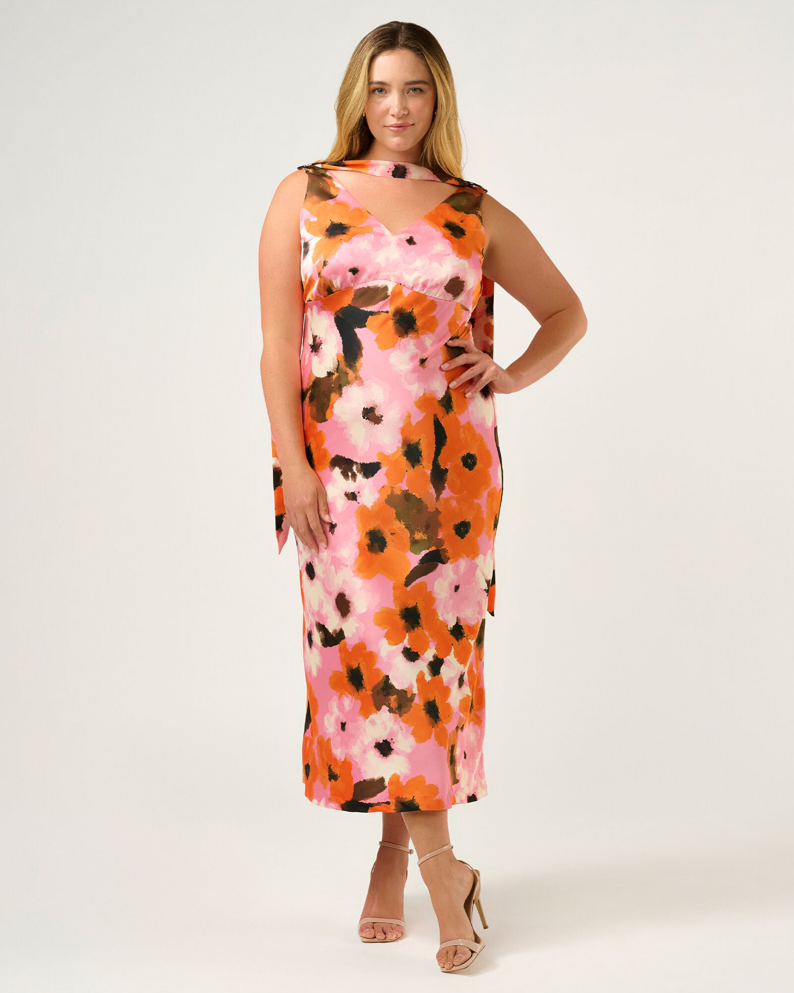 Freya Satin Midi Dress, PeonyMandarin / Pink, alternate image number 1