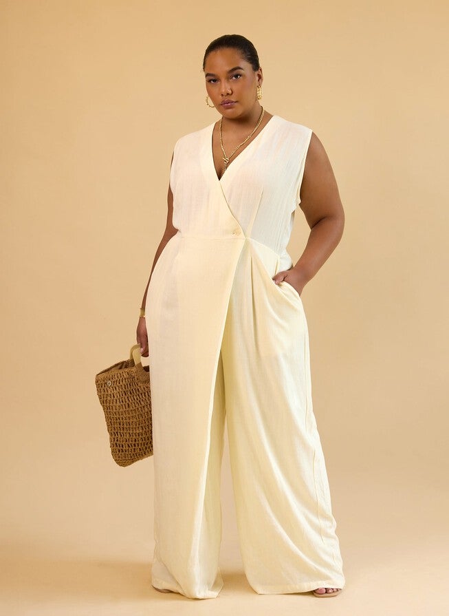 ALIA LINEN WRAP OVERLAY WIDE LEG JUMPSUIT - IVORY, Beige / Beige, alternate image number 3