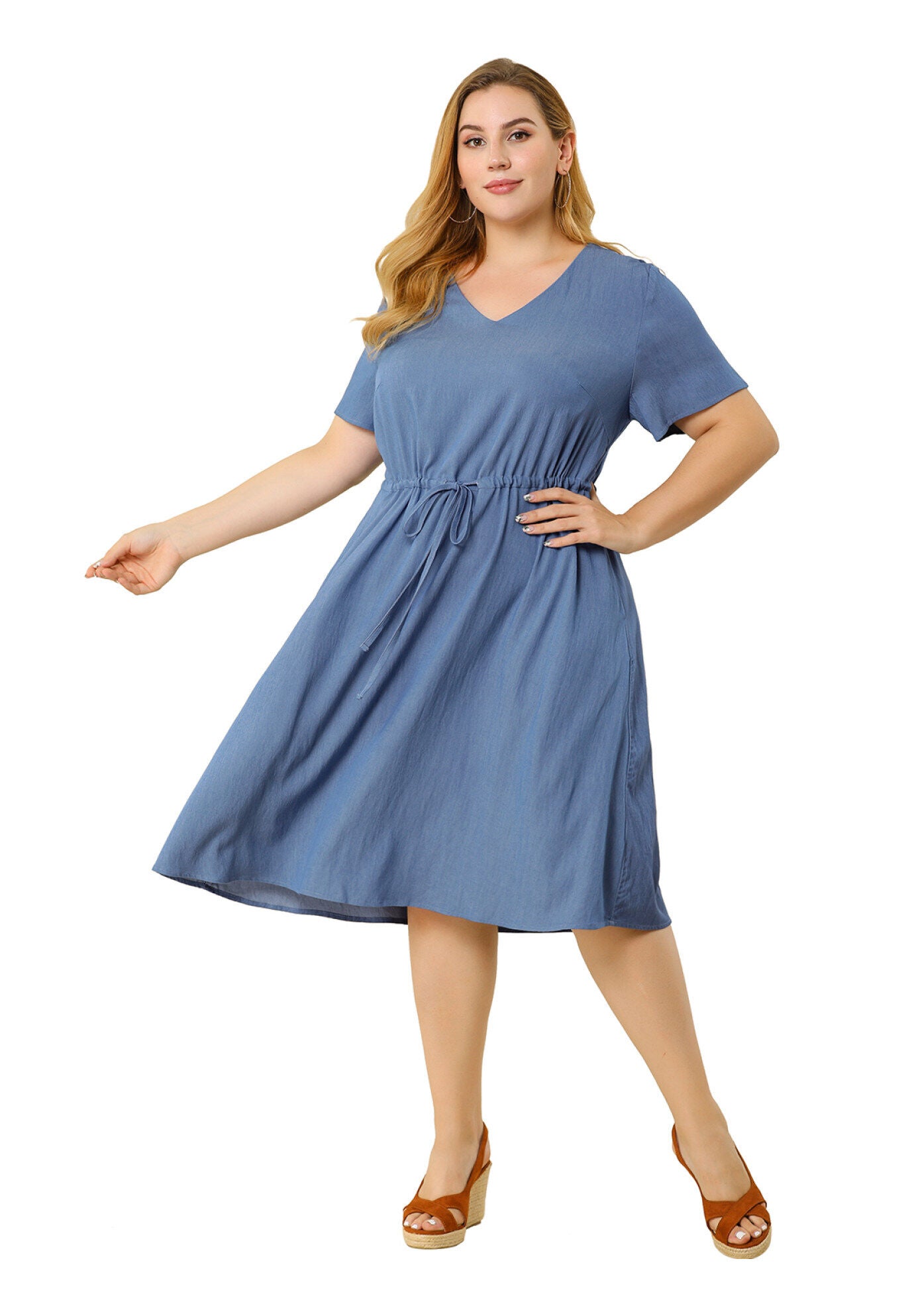 V Neck Short Sleeve A Line Flowy Midi Chambray Dress, Blue / Dusty Blue, alternate image number 2