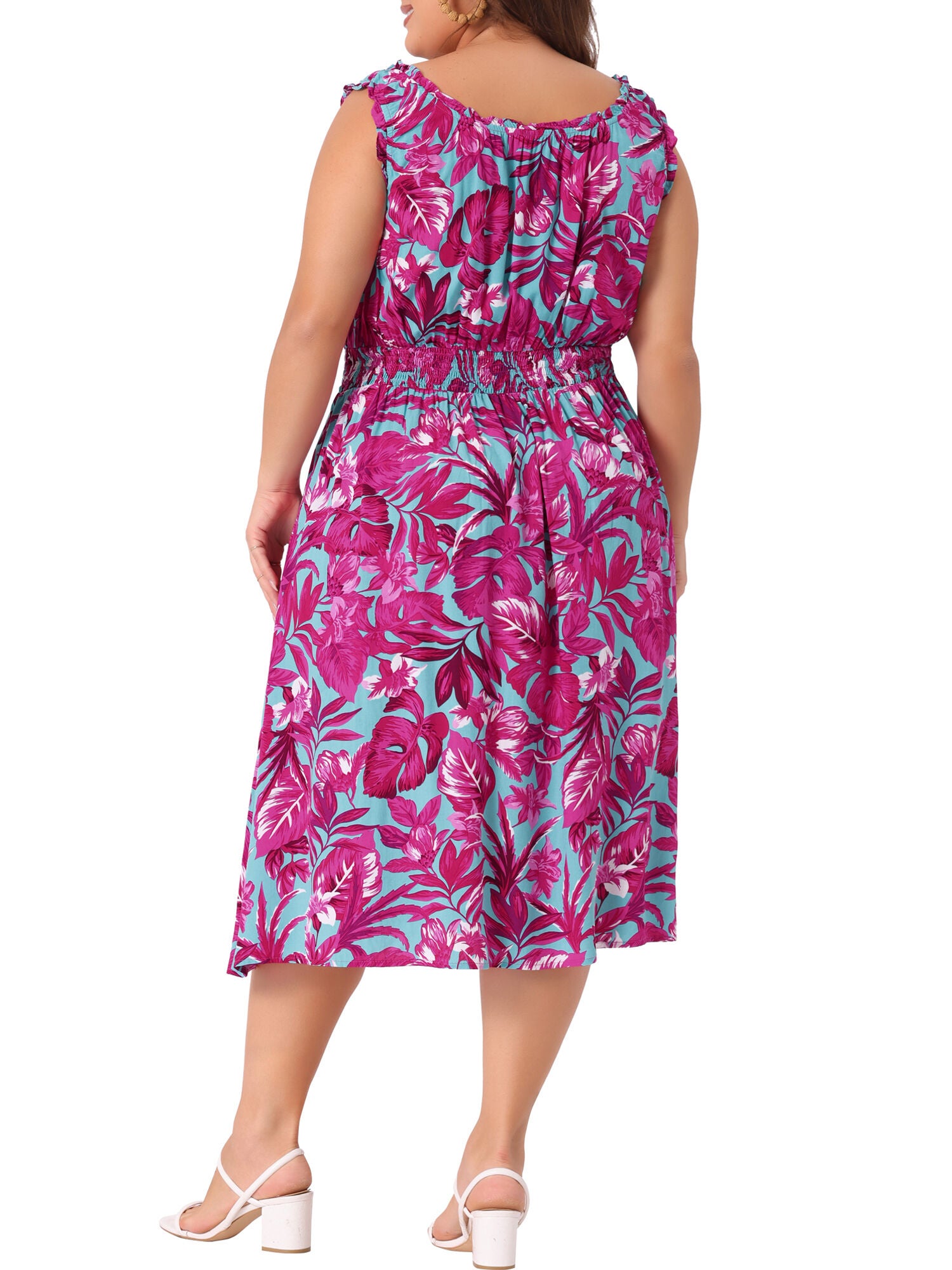 Square Neck Floral Stretchy Waist Midi Summer Dress, Hot Pink / Pink, alternate image number 2