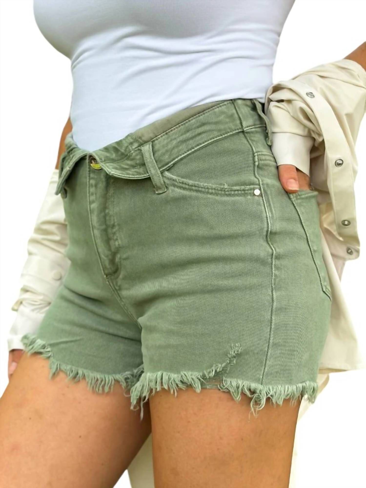 High Rise Folded Waist Shorts, Green / Light Green, alternate image number 2