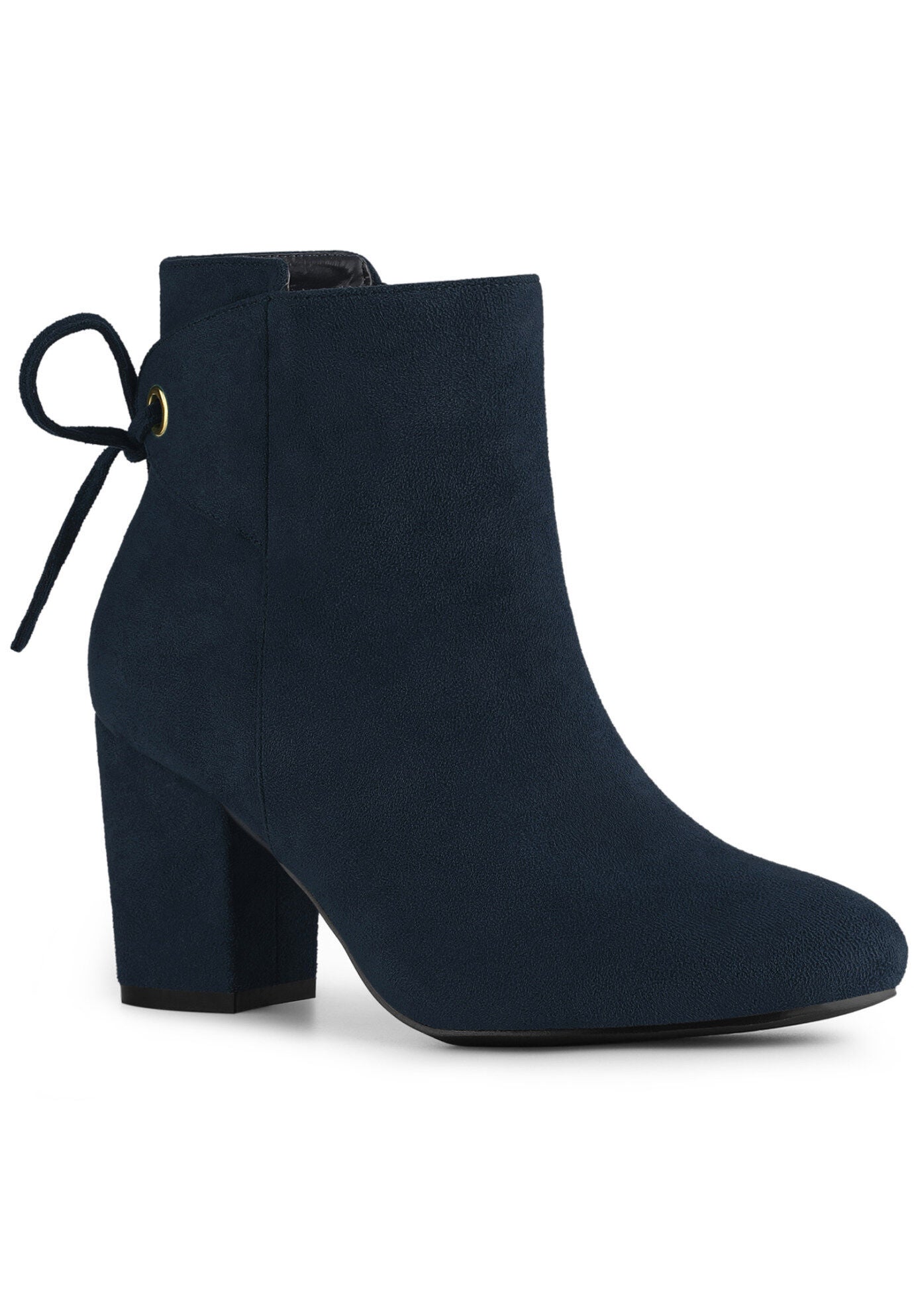 Round Toe Lace Up Back Chunky High Heels Ankle Boots, Navy Blue / Navy, hi-res image number 0