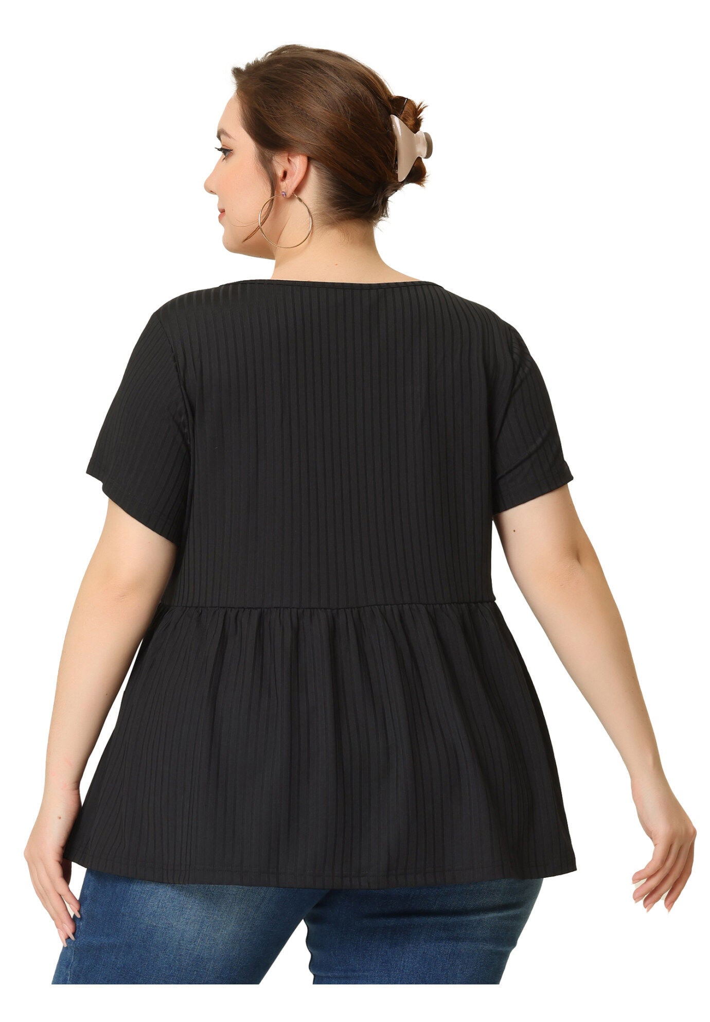 Babydoll Top Summer Peplum Short Sleeve Summer Oversized Tunic Blouse, Black / Black, alternate image number 3