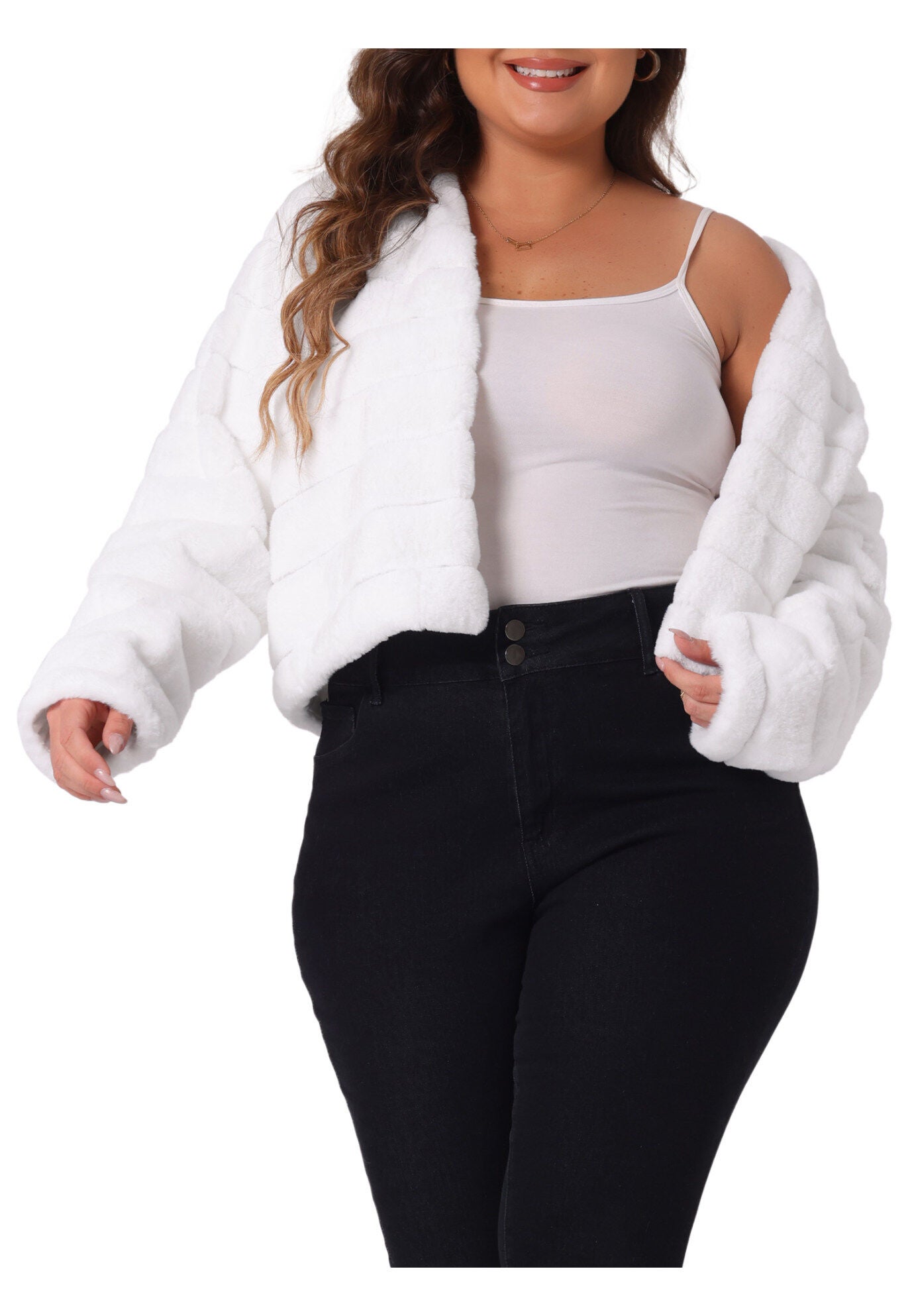 OPEN FRONT CROPPED FAUX FUR WINTER FLUFFY JACKET, White / White, alternate image number 1