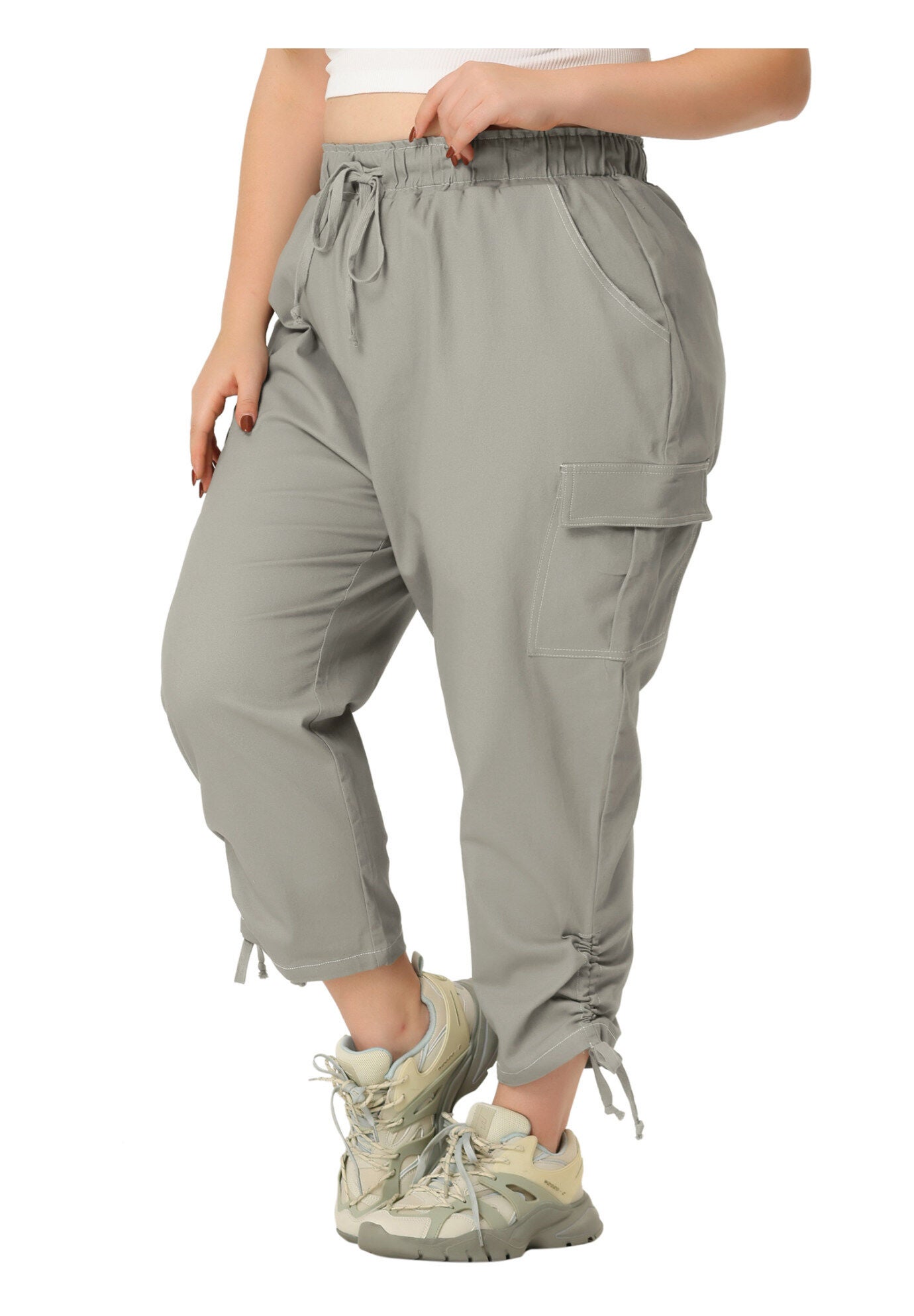 DRAWSTRING ELASTIC WAIST CARGO PANTS, Gray / Cool Gray, alternate image number 2