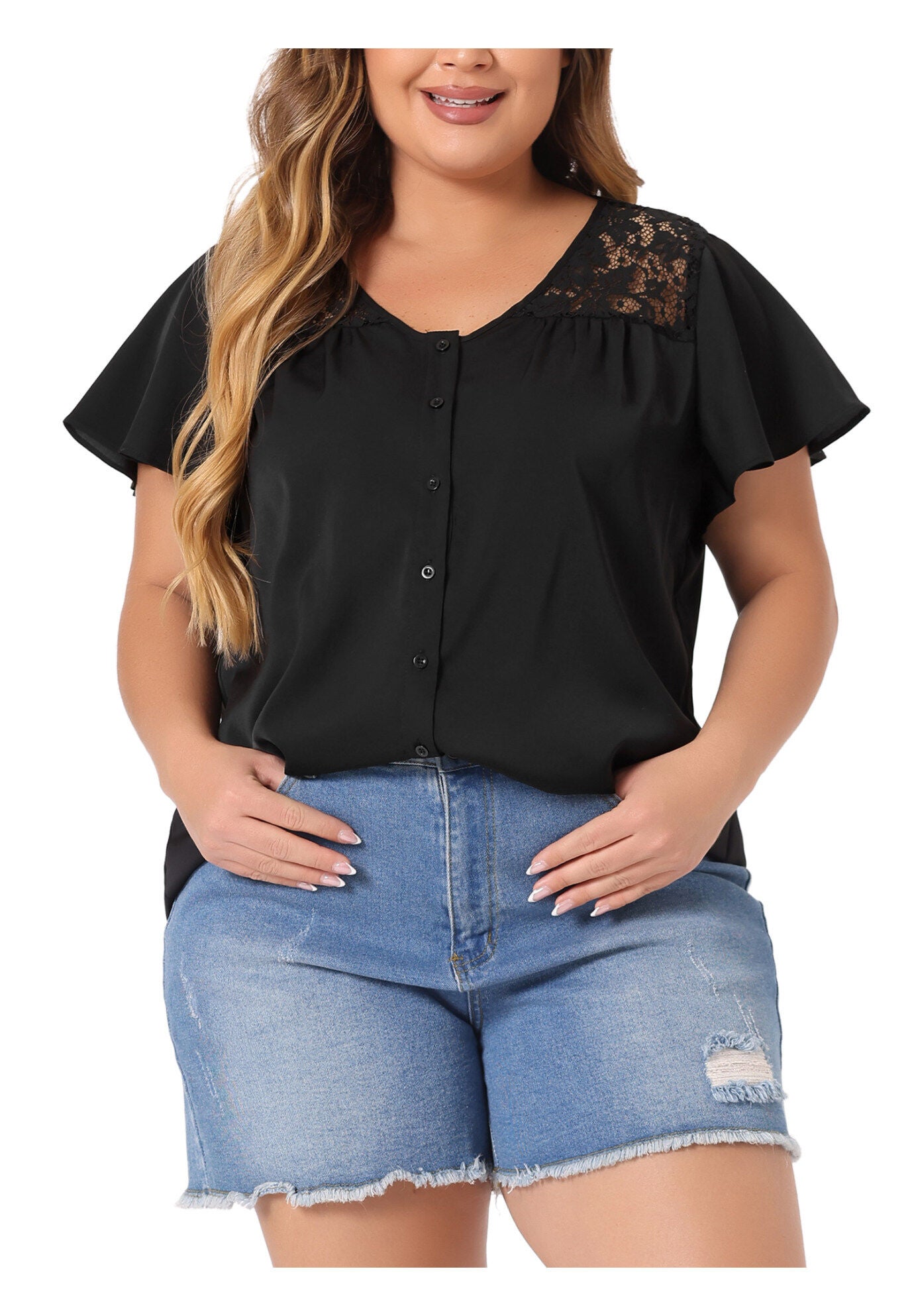 Chiffon Shirt Summer Lace V Neck Flare Sleeve Casual Work Top, Black / Black, alternate image number 1