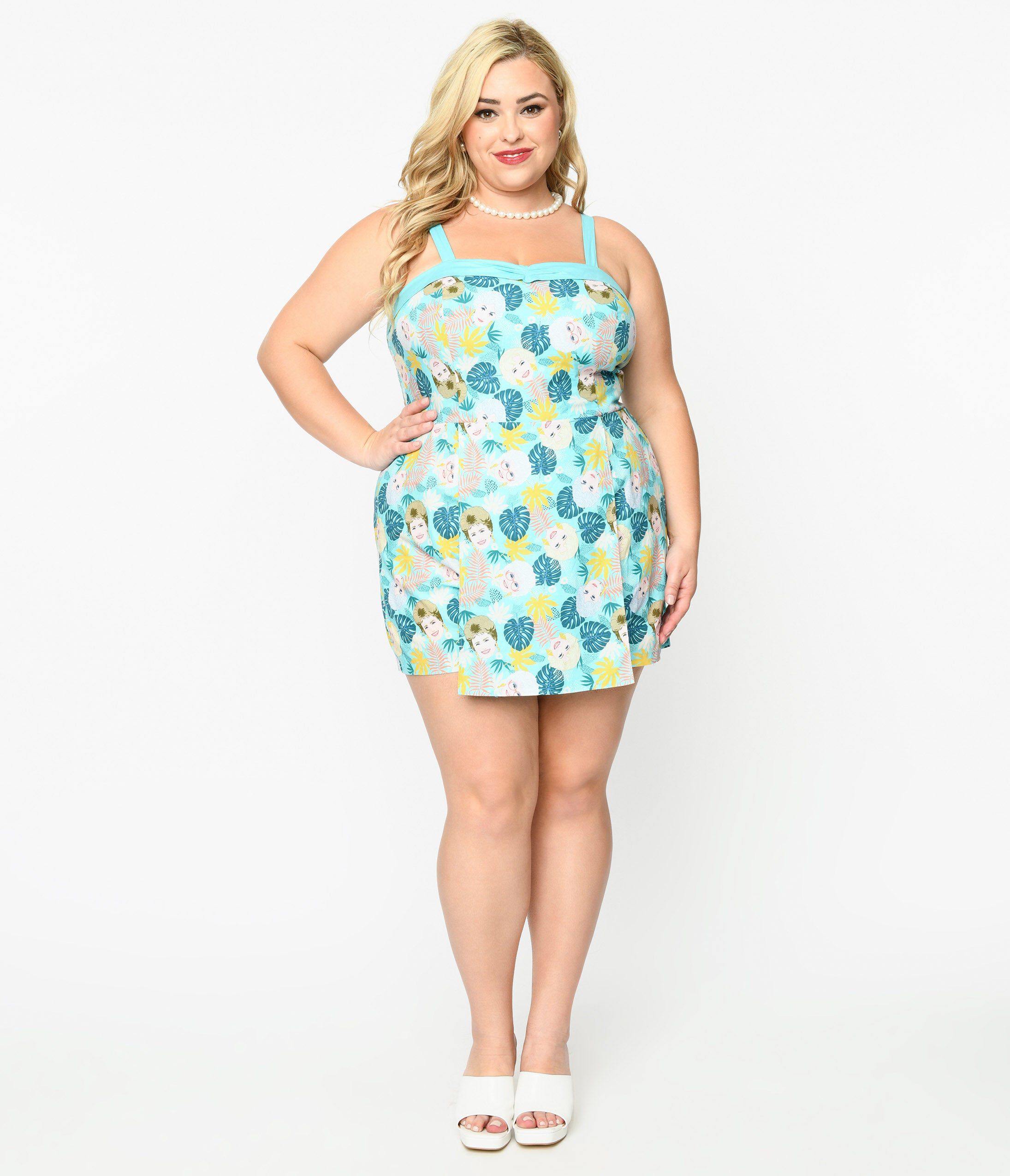 The Golden Girls x Unique Vintage Plus Size Aqua Character Print Skirted  Dolly Romper | Dia & Co