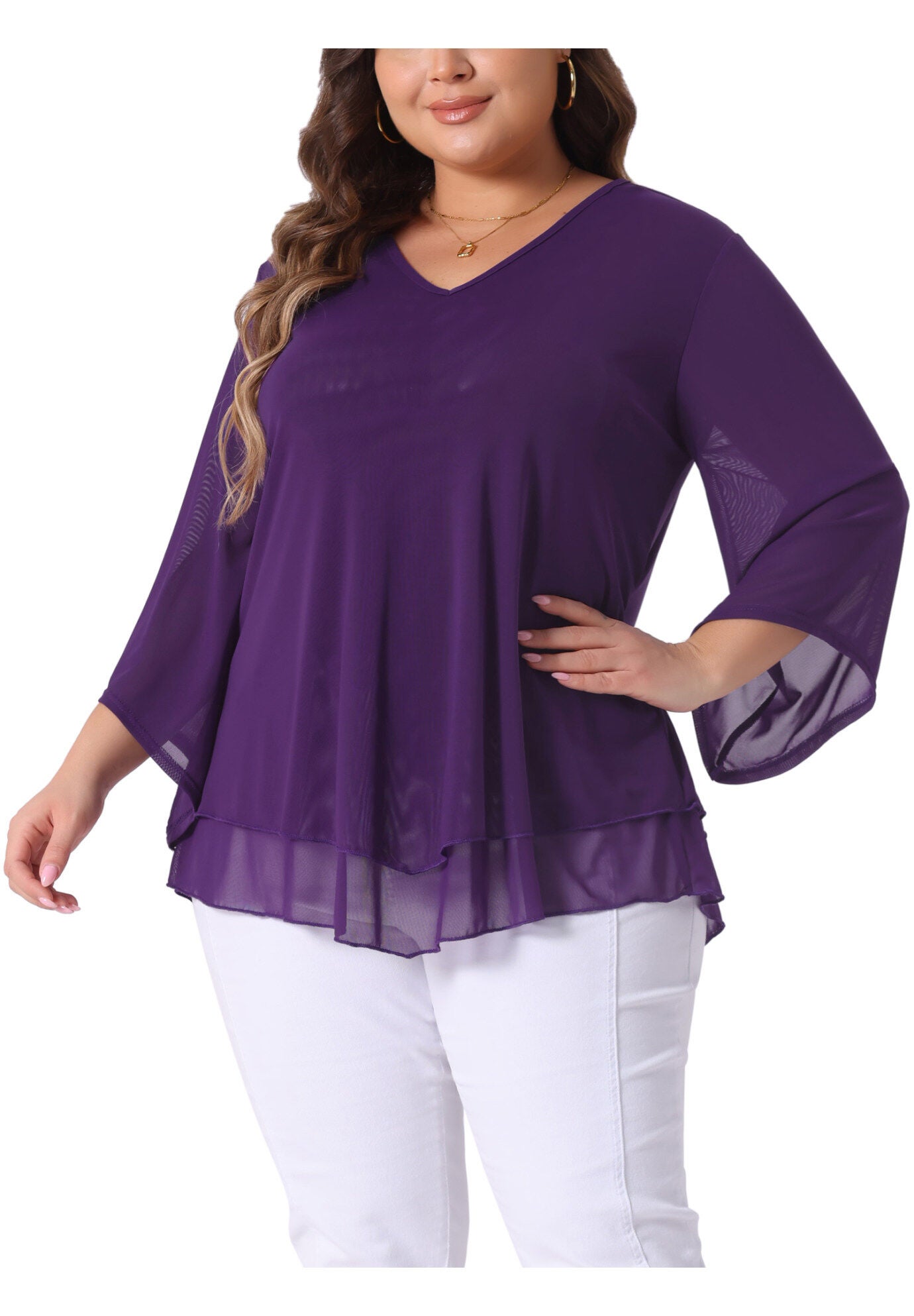 3/4 Sleeve Scoop Neck Double Layers Chiffon Blouse, Purple / Purple, alternate image number 2