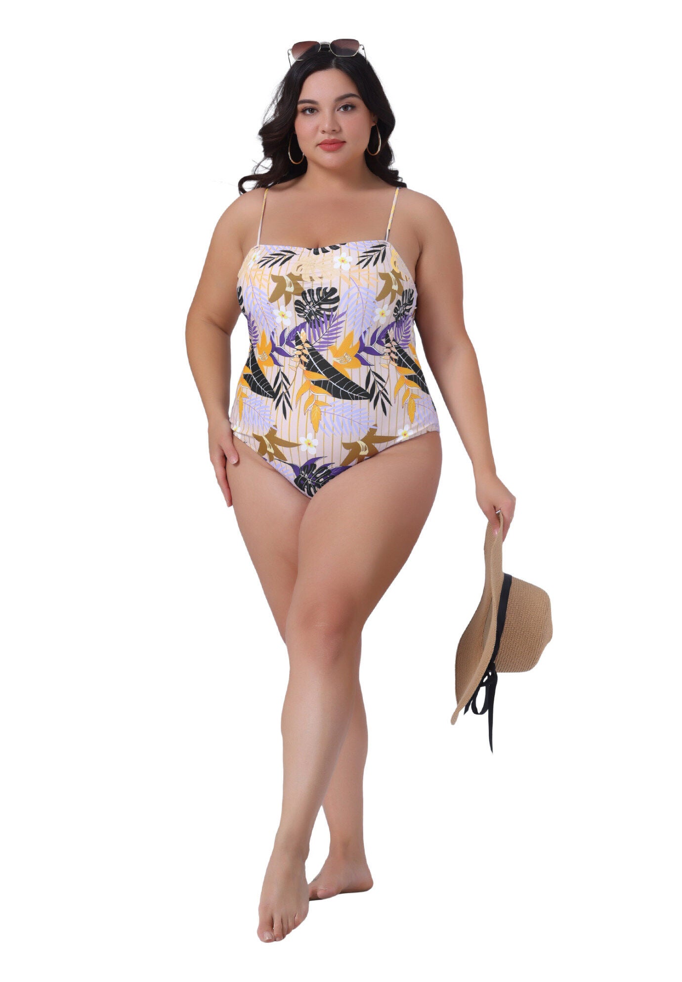 Summer Swimsuit Floral Tropical Pattern Swimdress Bathing Suit, Light Purple / Purple, hi-res image number 0