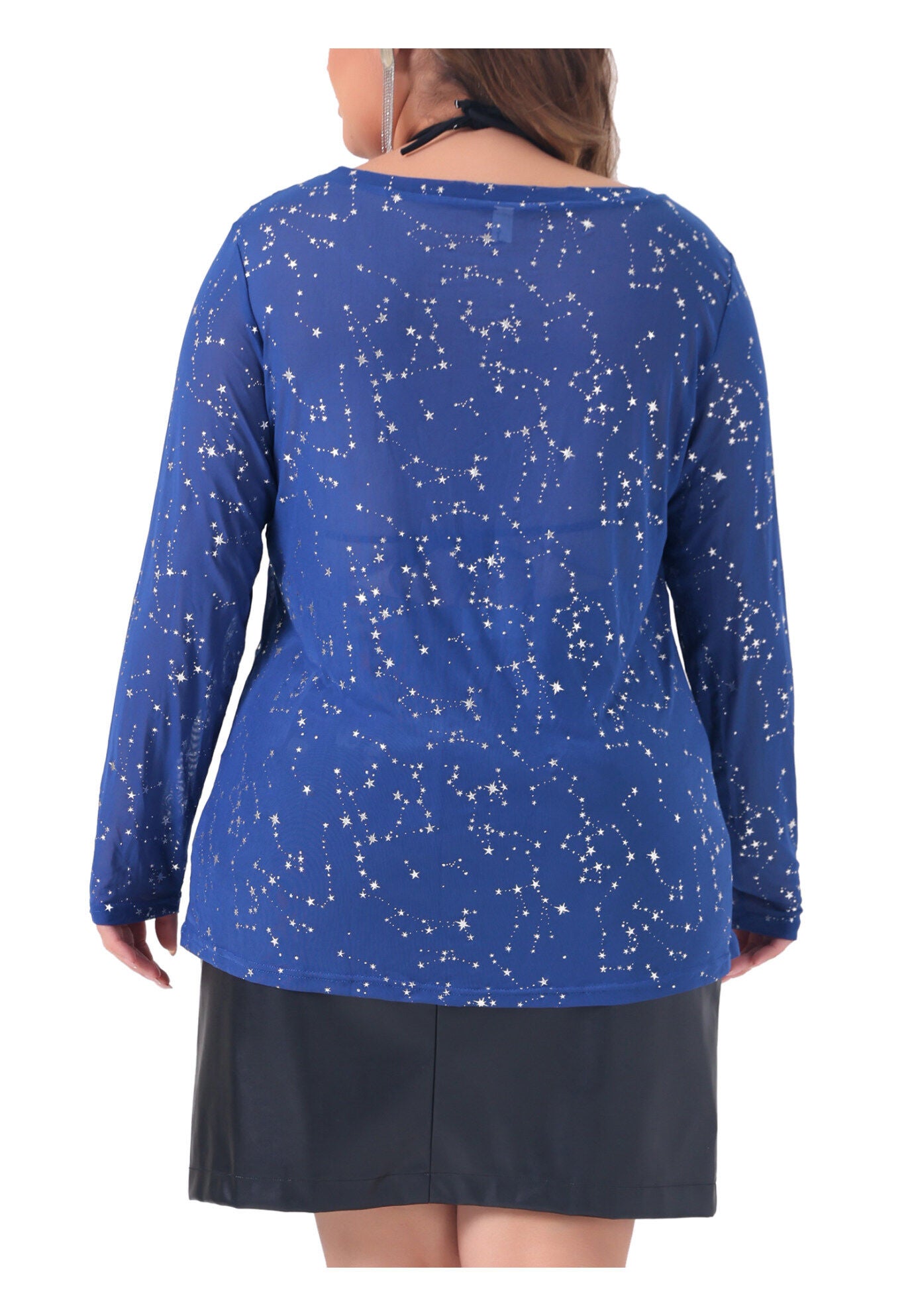 Sheer Mesh Long Sleeve Crew Neck Top, Dark Blue / Cornflower Blue, alternate image number 3