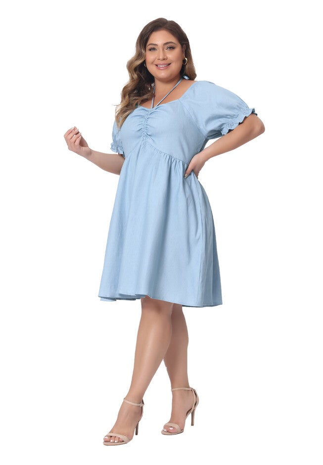 Summer Sweetheart Neck Self Tie Front Puff Sleeve Back Elastic Dress, Light Blue / Light Blue, alternate image number 3