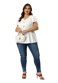 Peplum Button Decor Drawstring Waist Flare Sleeve Blouse Top