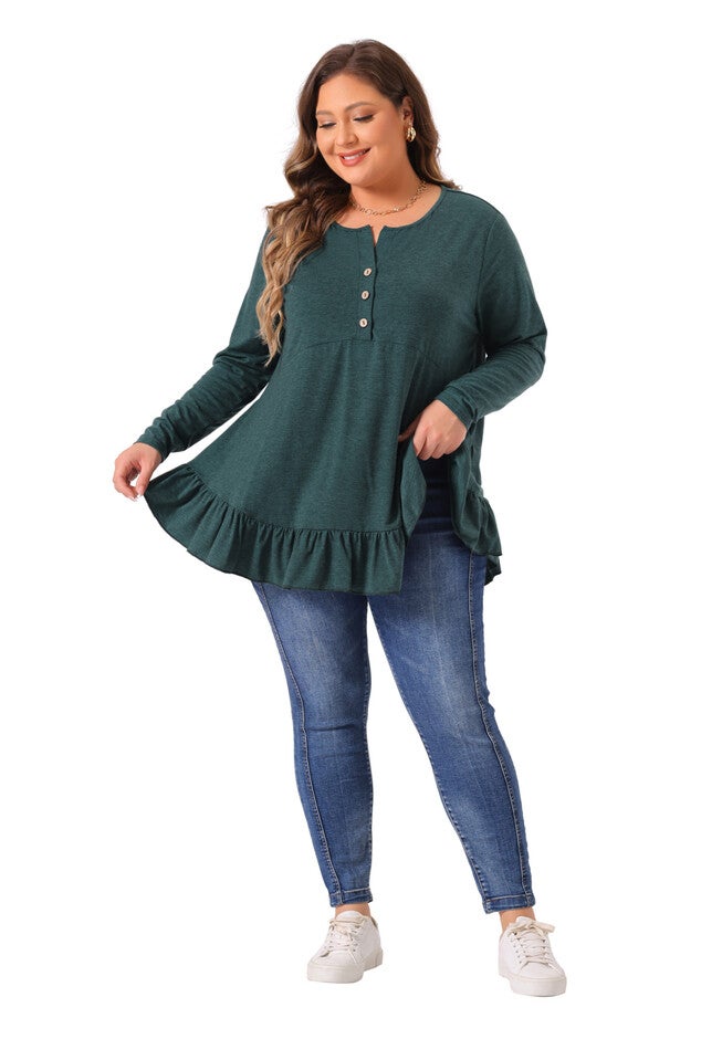 Henley V Neck Ruffled Hem Flowy Blouse Tunic, Dark Green / Forest Green, hi-res image number 0