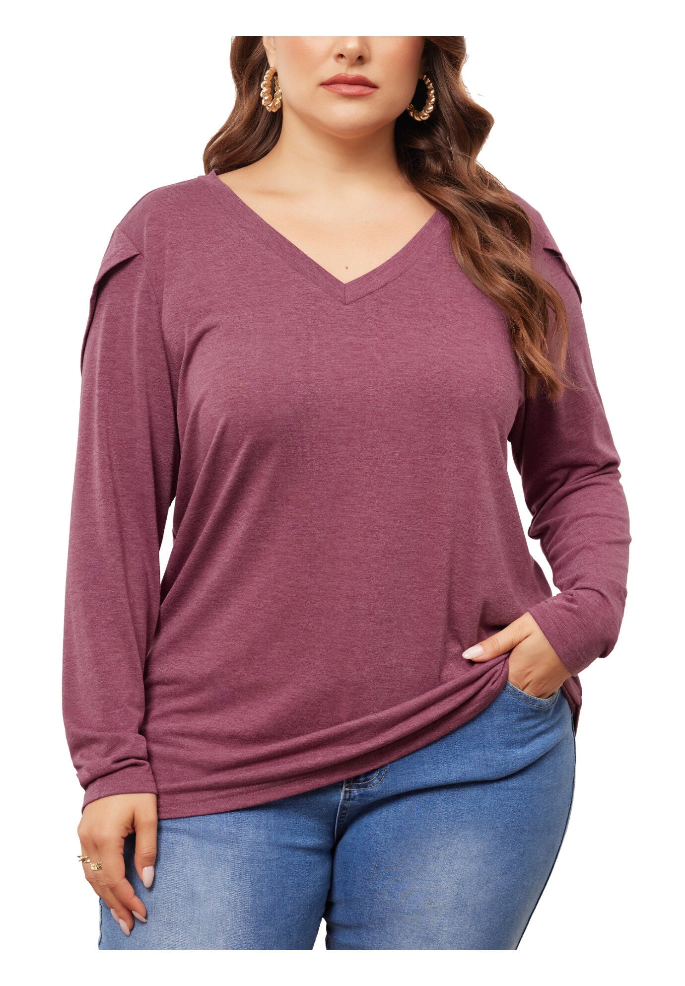 V Neck Tulip Long Sleeve T-Shirt Casual Top, Purple Red / Purple, alternate image number 2
