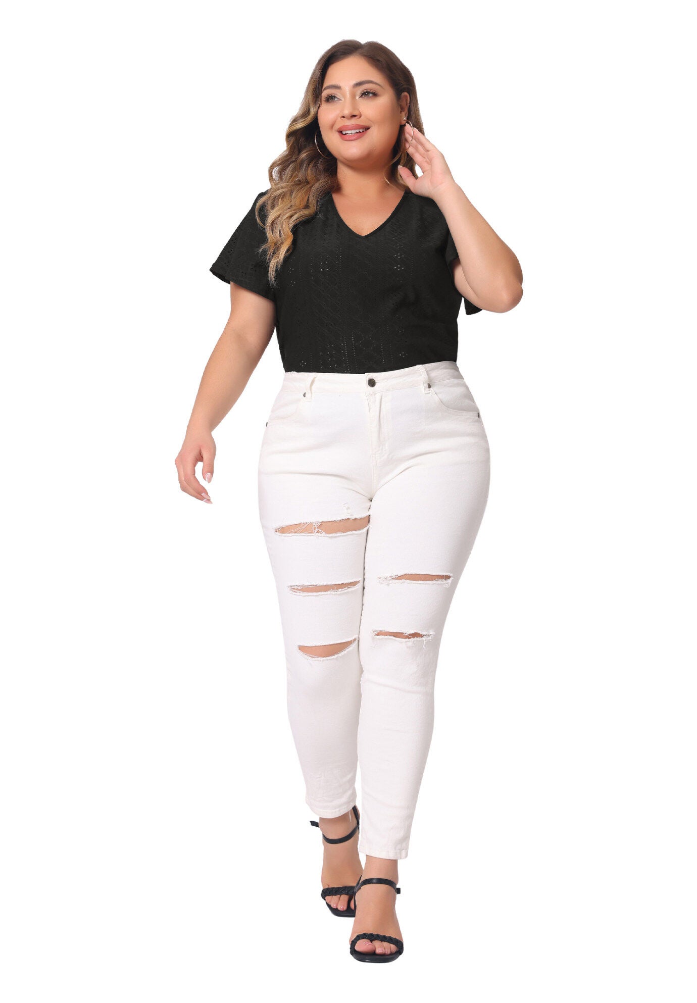 Summer Tee V Neck Hollow Flare Short Sleeve Casual Top Tunic, Black / Black, hi-res image number 0