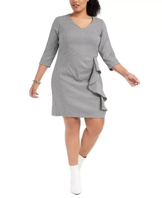 Betsey Johnson Women's Trendy Plus Size Ruffled Houndstooth Sheath Dress Gray Size 14W, Gray / Charcoal Grey, hi-res image number 0