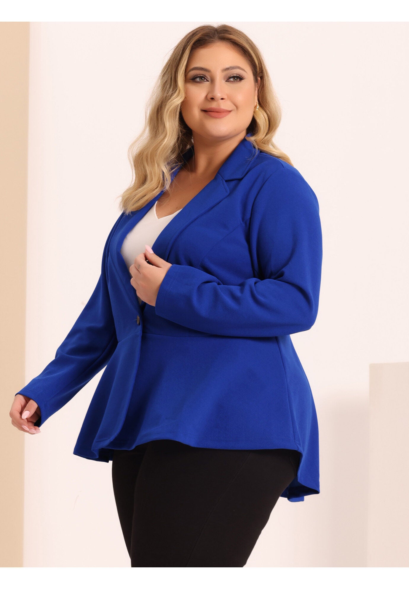RUFFLE V NECK BUTTON NOTCH PANEL PEPLUM BLAZER, Cobalt Blue / Cornflower Blue, alternate image number 1