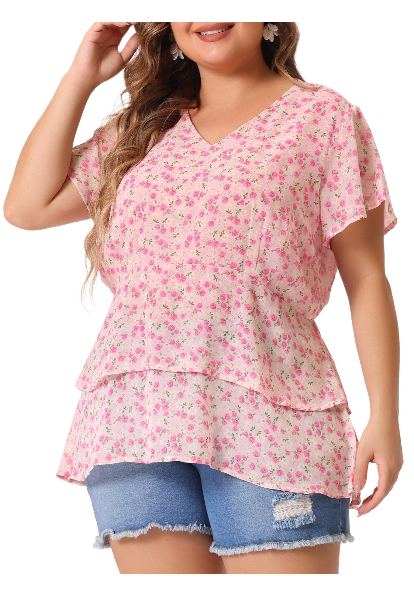 Short Sleeve Layered Casual Floral Blouse Summer Top, Pink / Pink, alternate image number 1