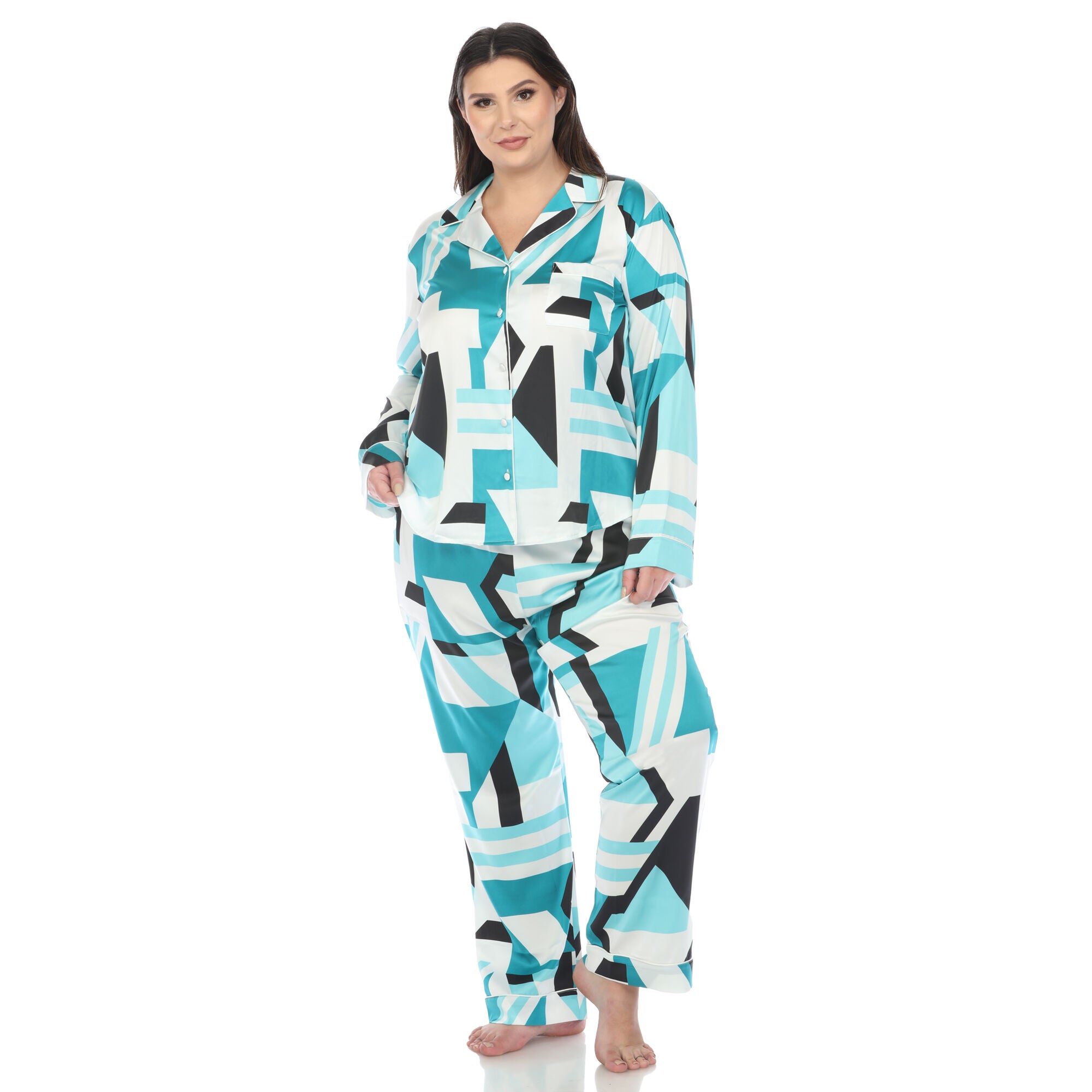 Printed Satin Pajama Set, Teal / Teal, alternate image number 4
