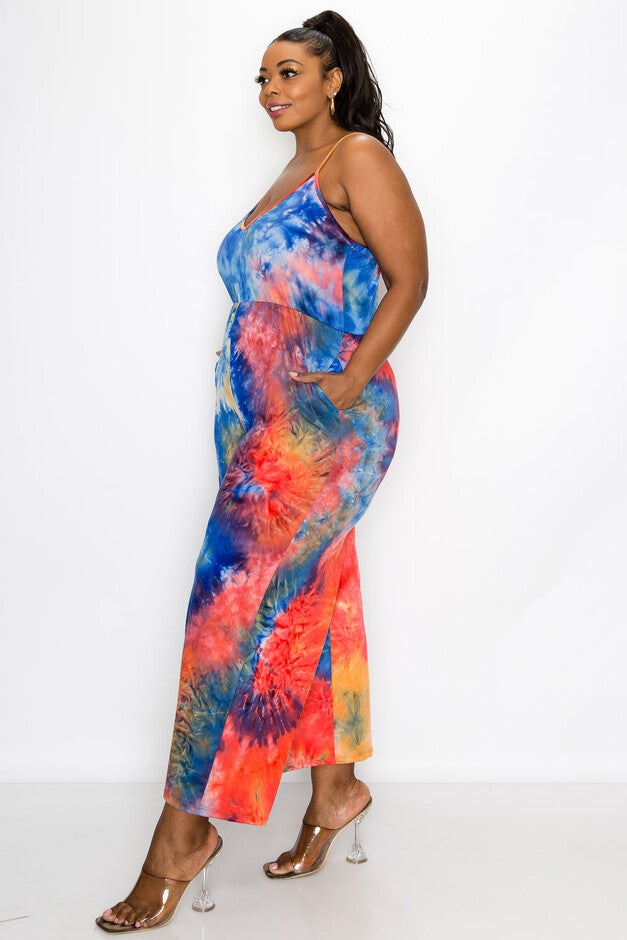TIE DYE CAMI NECK WIDE LEGGED POCKET JUMPSUIT, , alternate image number 6