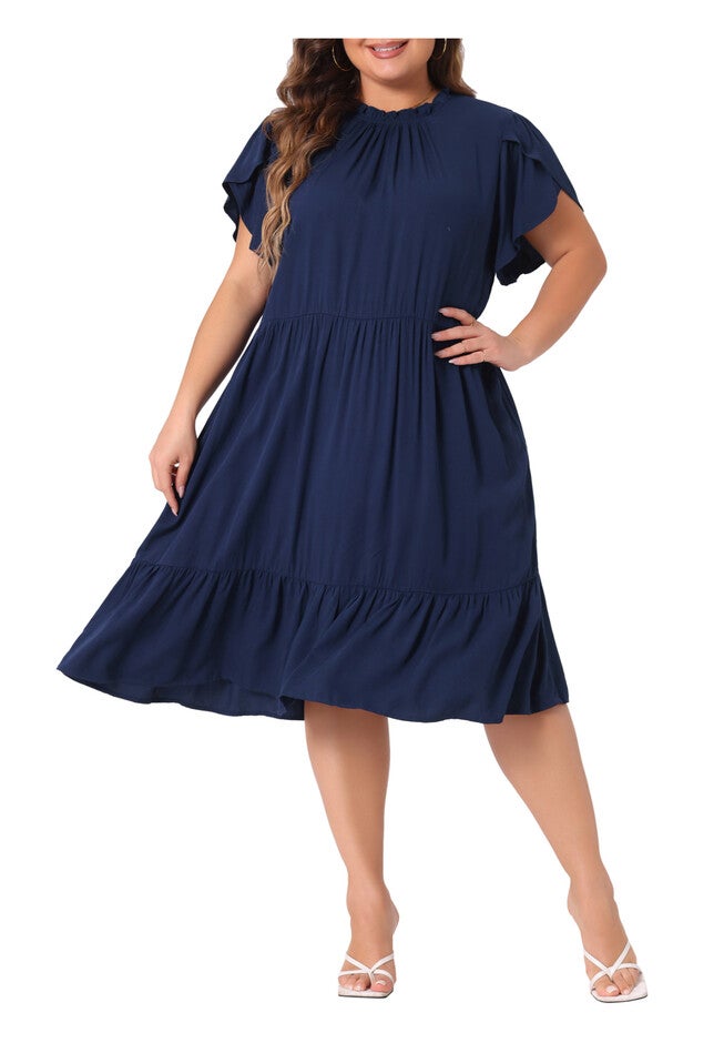 TIE BACK PETAL SLEEVE MOCK NECK RUFFLE HEM A-LINE SWING MIDI DRESS, Navy Blue / Navy, alternate image number null
