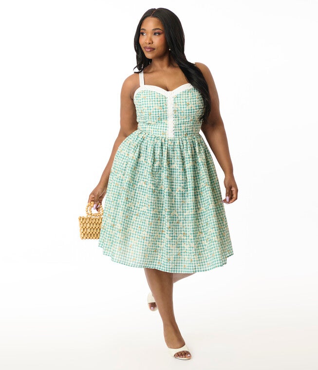 Unique Vintage Plus Size Green Gingham & Floral Sweetheart Swing Dress, Kelly Green / Kelly Green, hi-res image number null