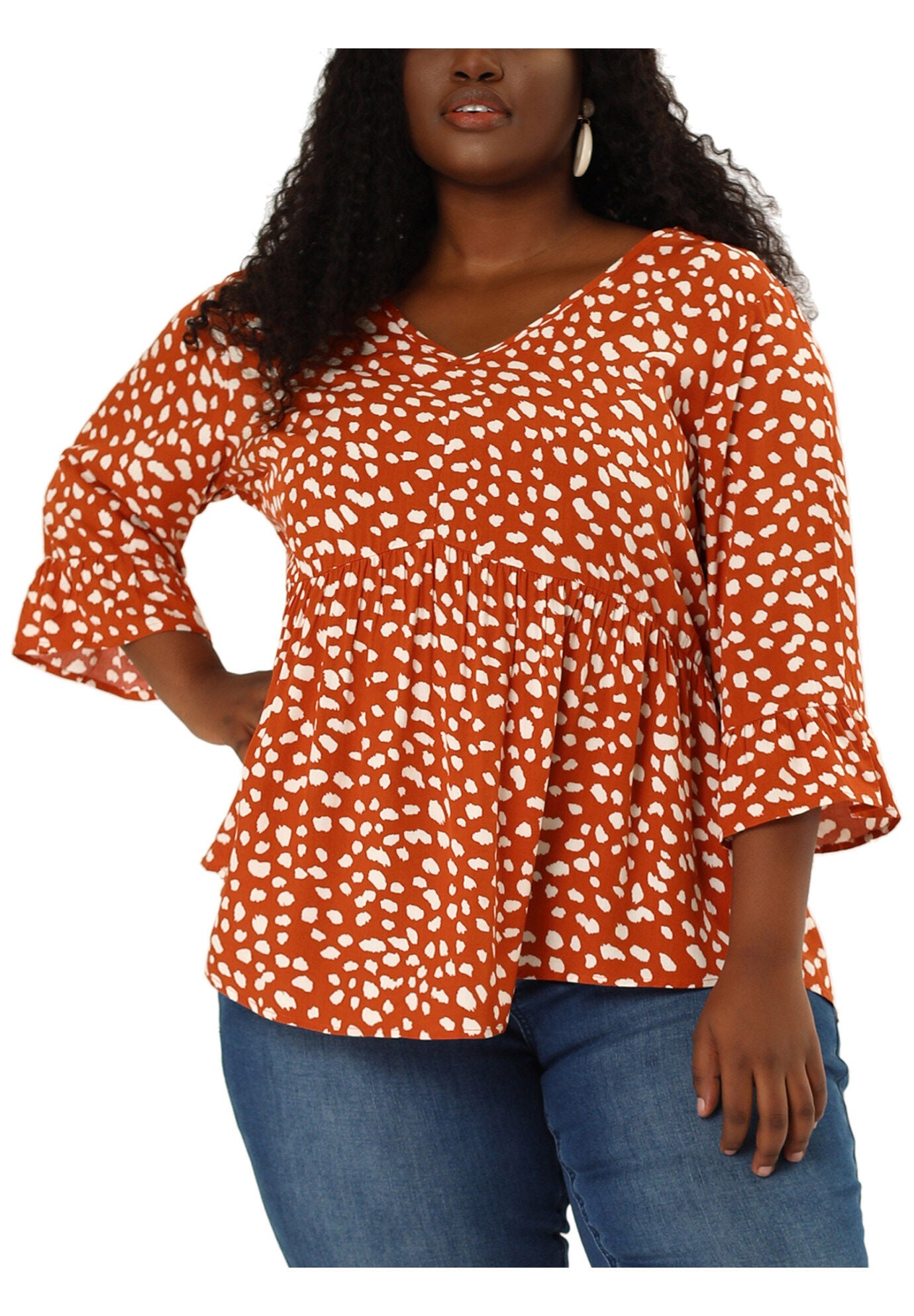 Polka Dots Blouse 3/4 Ruffle Sleeve Peplum Top, Orange / Orange, alternate image number 1