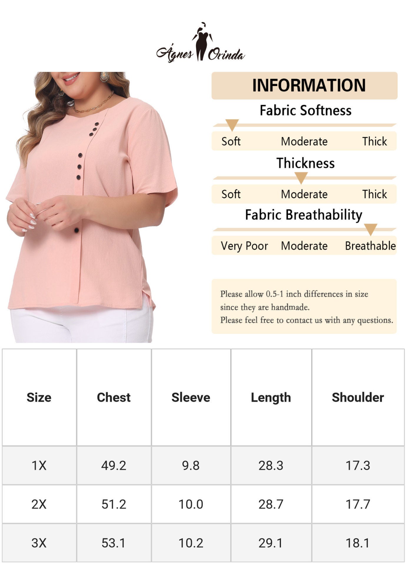 Short Sleeve Round Neck Cotton Linen T-Shirt Top, Pink / Pink, alternate image number 4