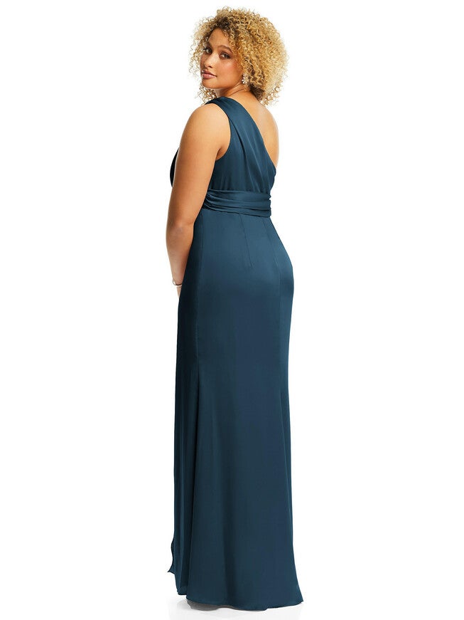 One-Shoulder Draped Twist Empire Waist Trumpet Gown, Atlantic Blue / Navy, alternate image number 3
