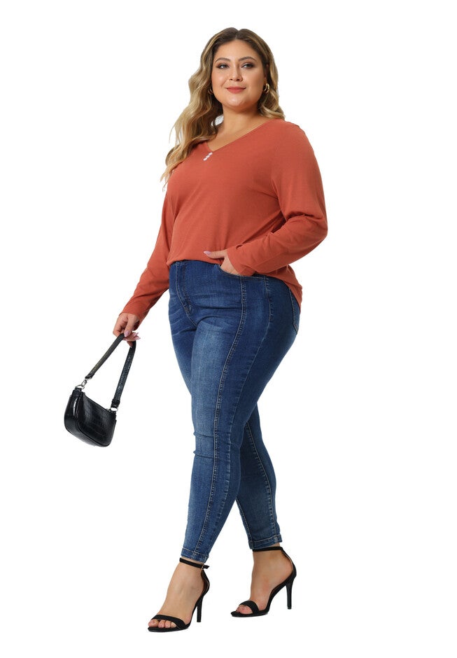 Casual Top Button Front Long Sleeve Tee, Orange / Orange, hi-res image number 0