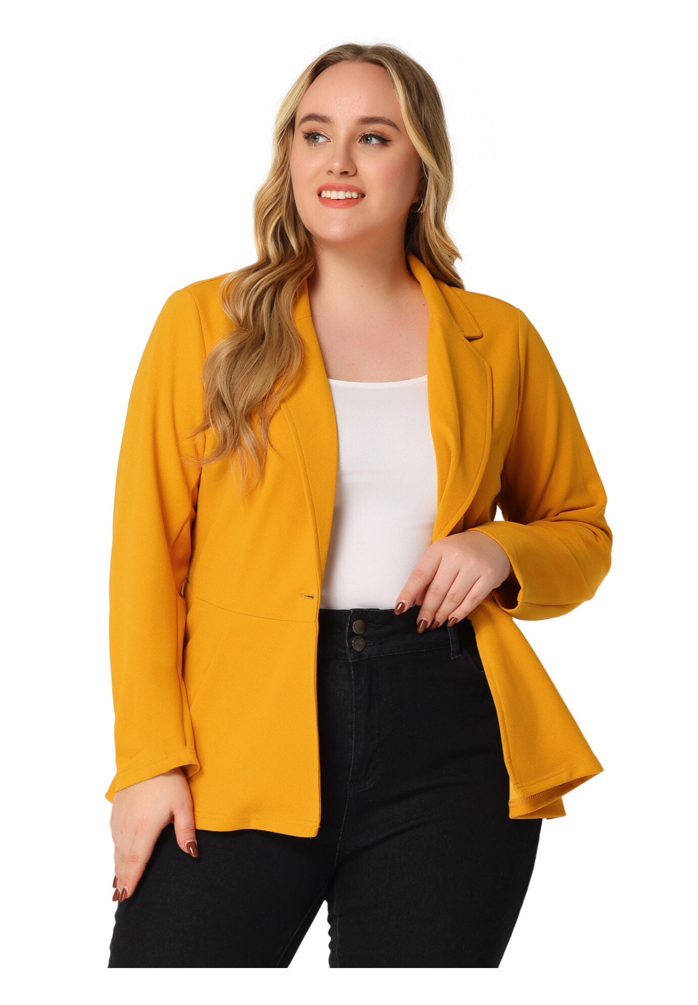 RUFFLE V NECK BUTTON NOTCH PANEL PEPLUM BLAZER, Yellow / Yellow, alternate image number 2