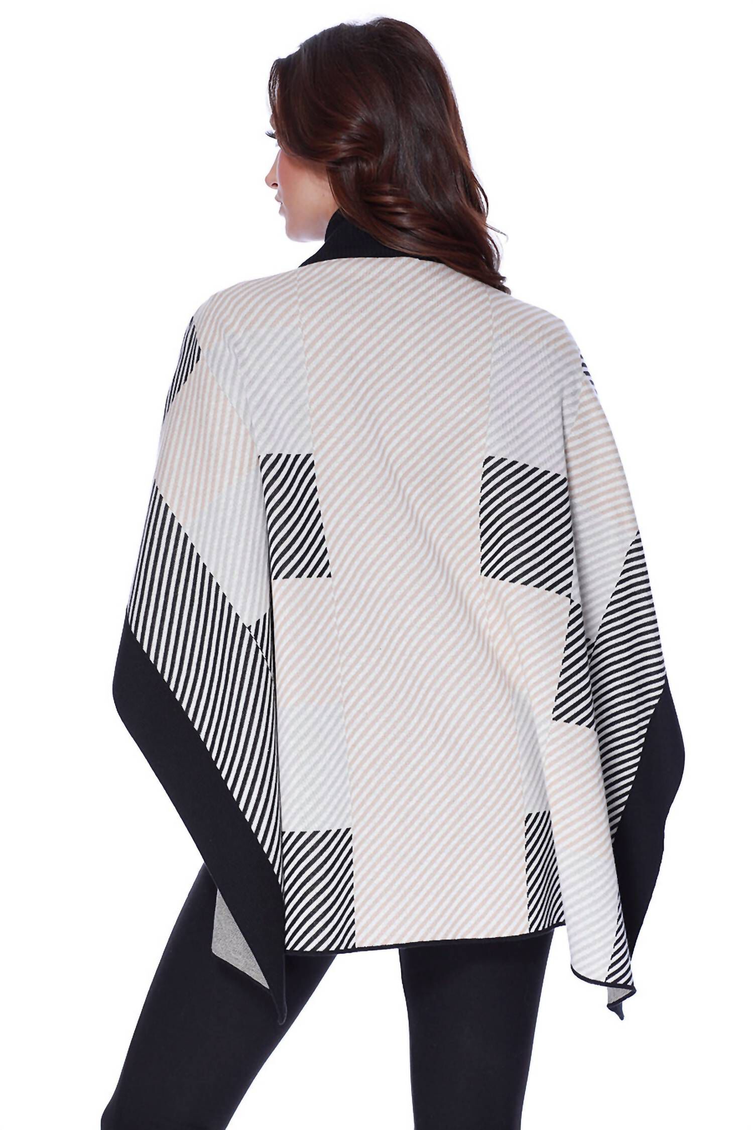 STRIPED CHECKERBOARD MOCK NECK PONCHO IN STONE, Stone / Light Grey, alternate image number 1