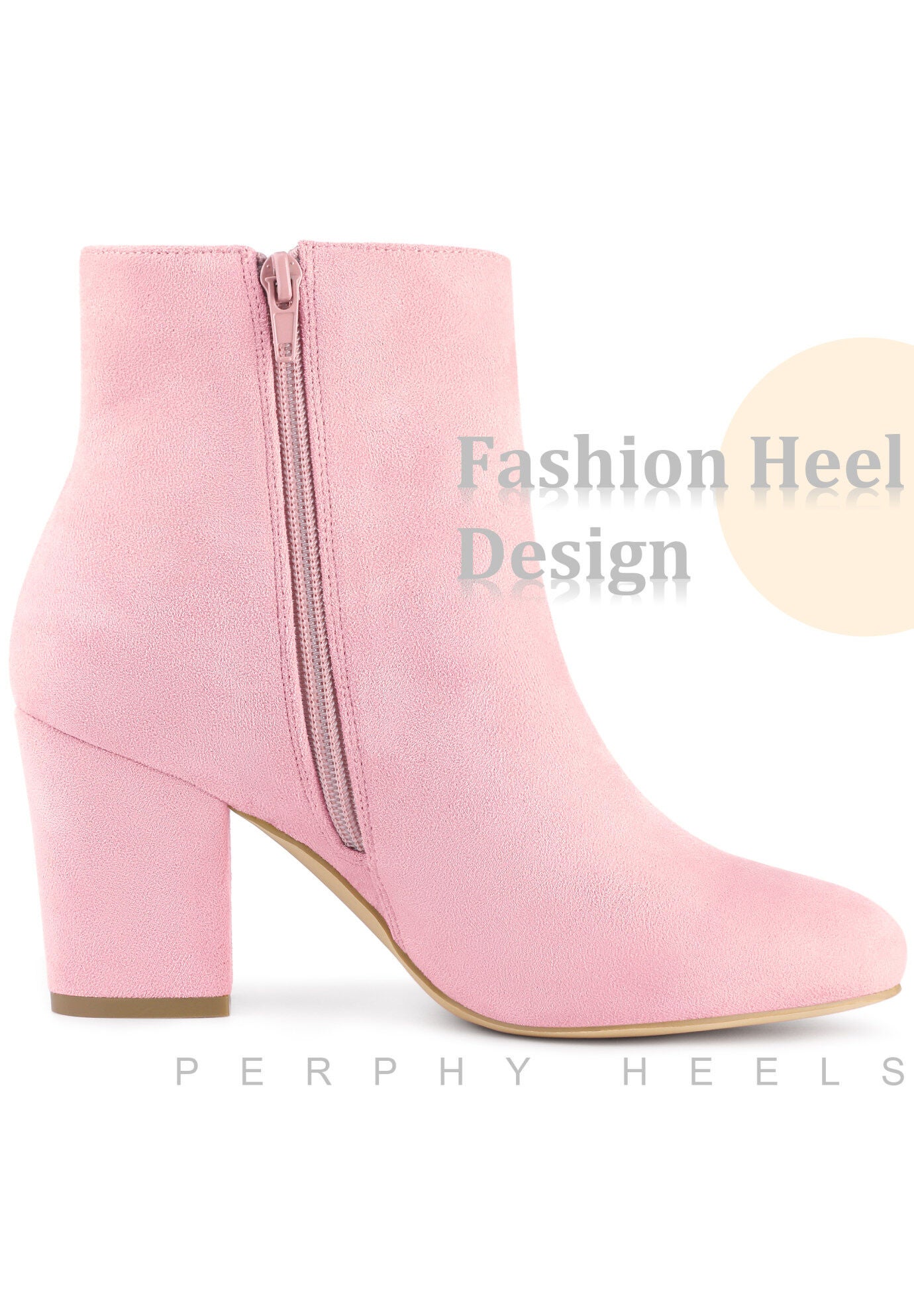 Round Toe Chunky High Heels Ankle Boots for Women, Pink / Pink, alternate image number 3