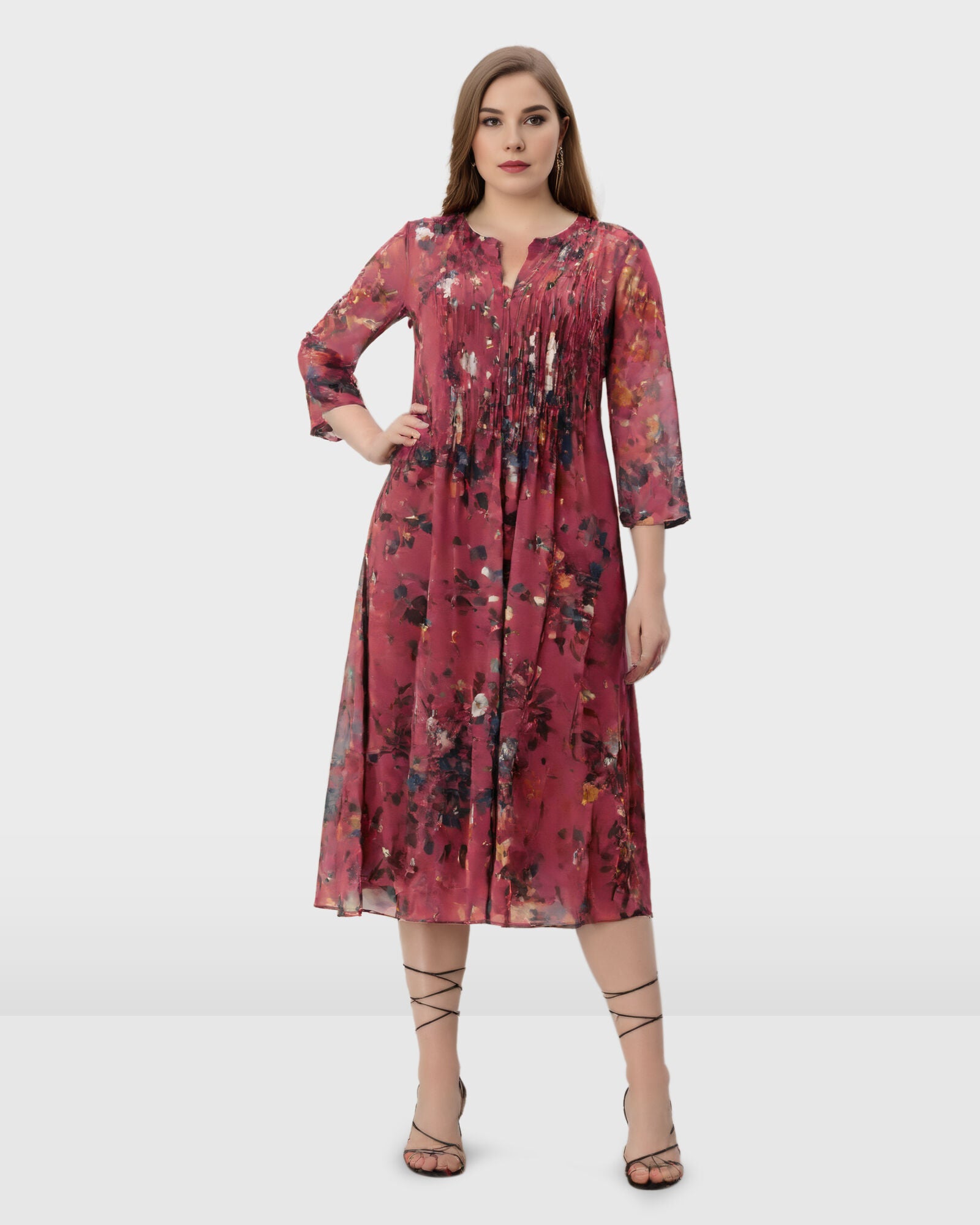 Pintuck pleat floral print georgette shirtdress, Dusty magenta multi / Navy, hi-res image number 0