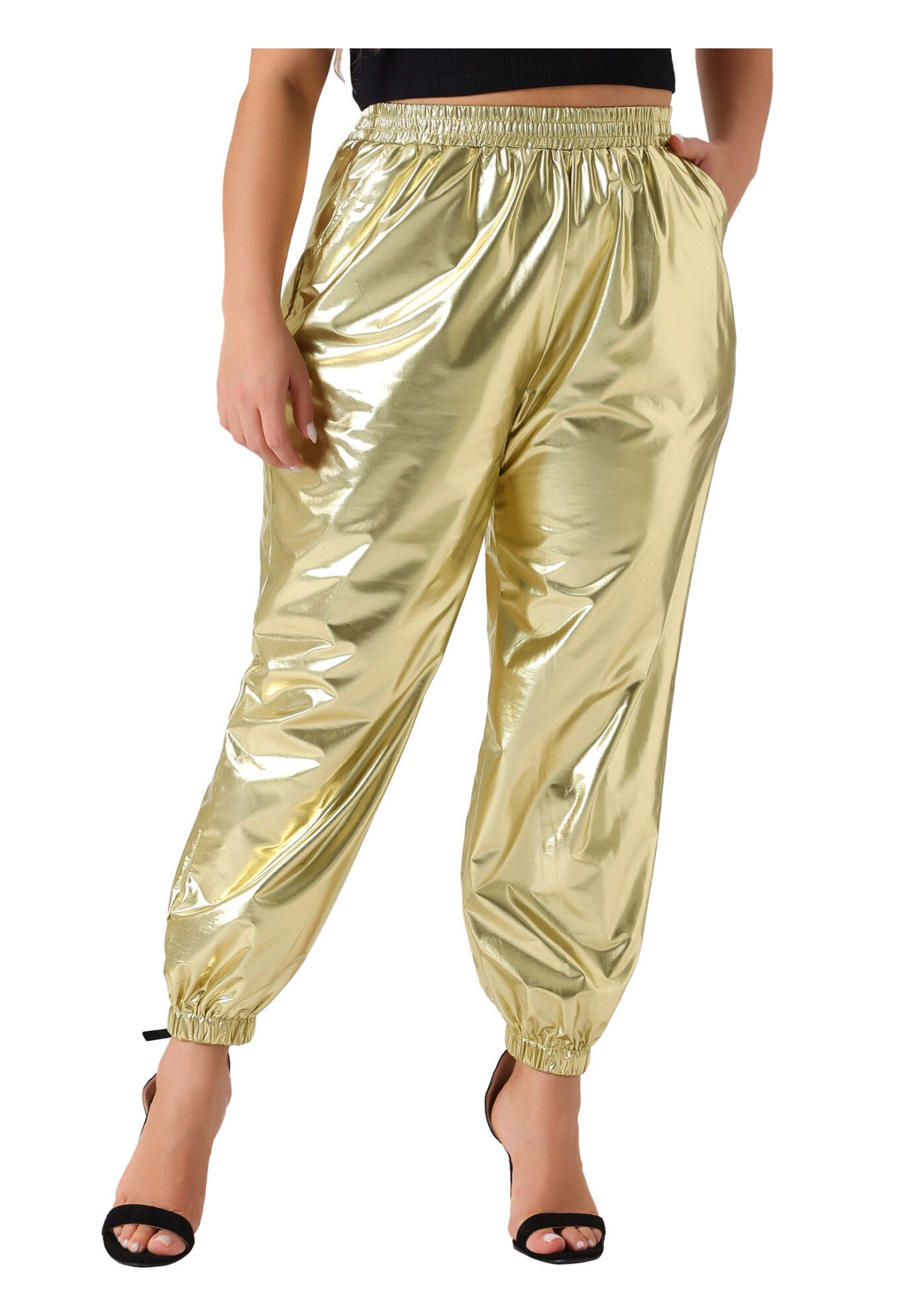 METALLIC SHINY HIGH WAIST STRETCHY HOLOGRAPHIC JOGGER SWEATPANT, Gold / Gold, alternate image number 2