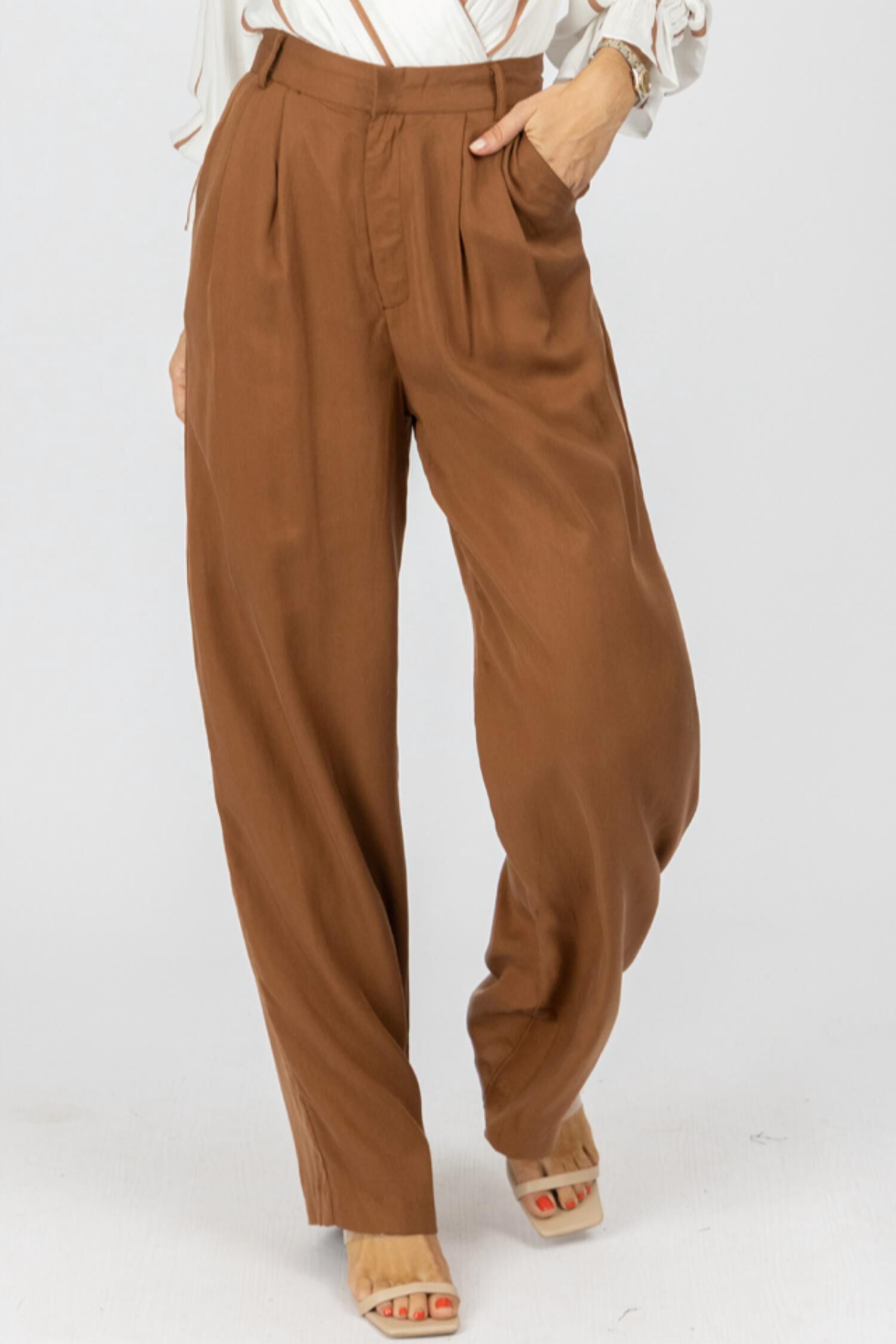High Waisted Wide Leg Trousers In Brown, Brown / Brown, hi-res image number 0