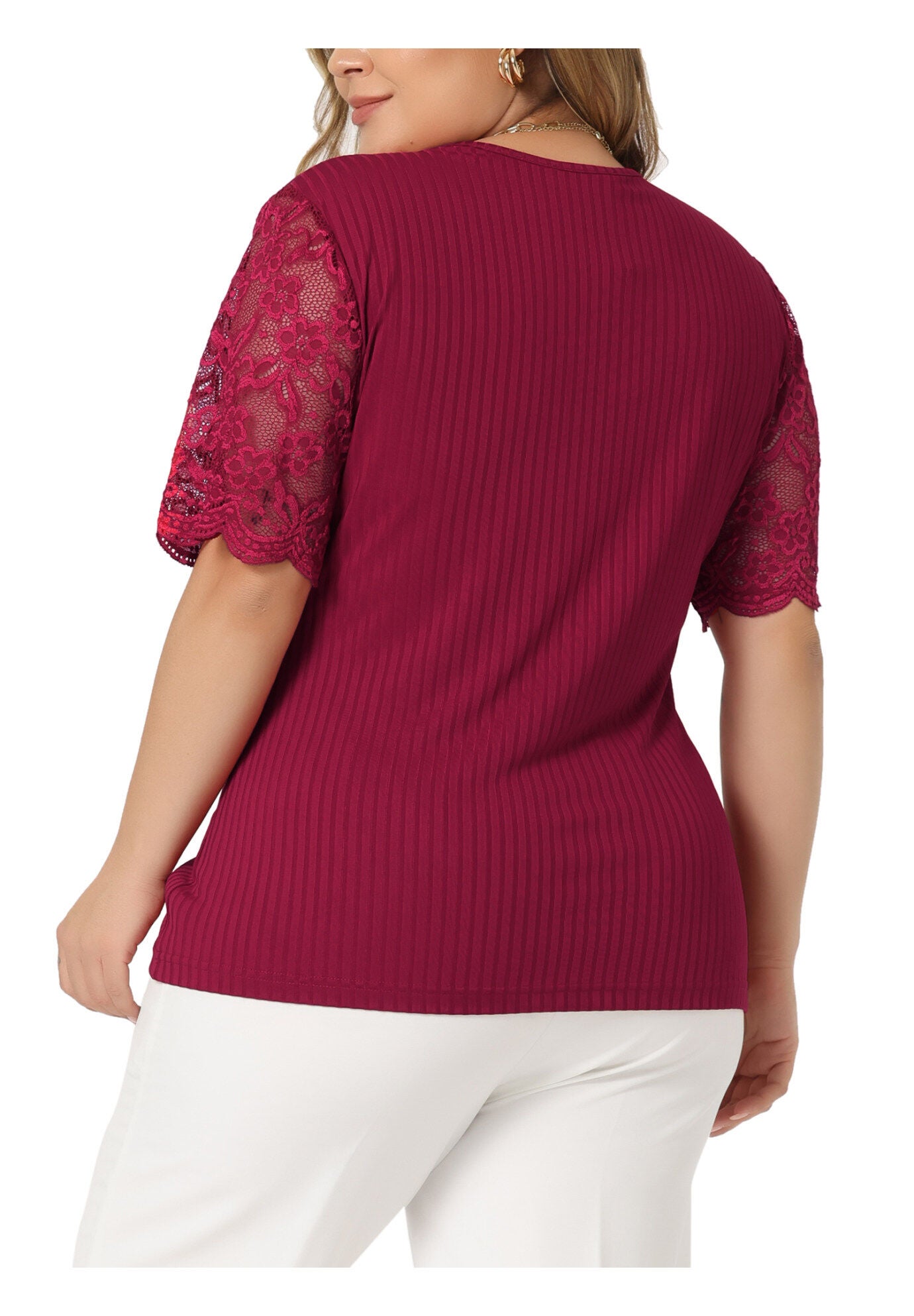 V Neck Short Sleeve Lace Ribbed Knit Tunic Top, Burgundy / Burgundy, alternate image number 3