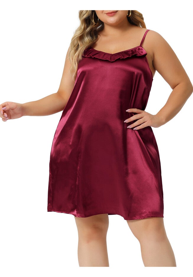 Ruffle Nightgown Spaghetti Lounge Sleep Dress, Burgundy / Burgundy, alternate image number 2