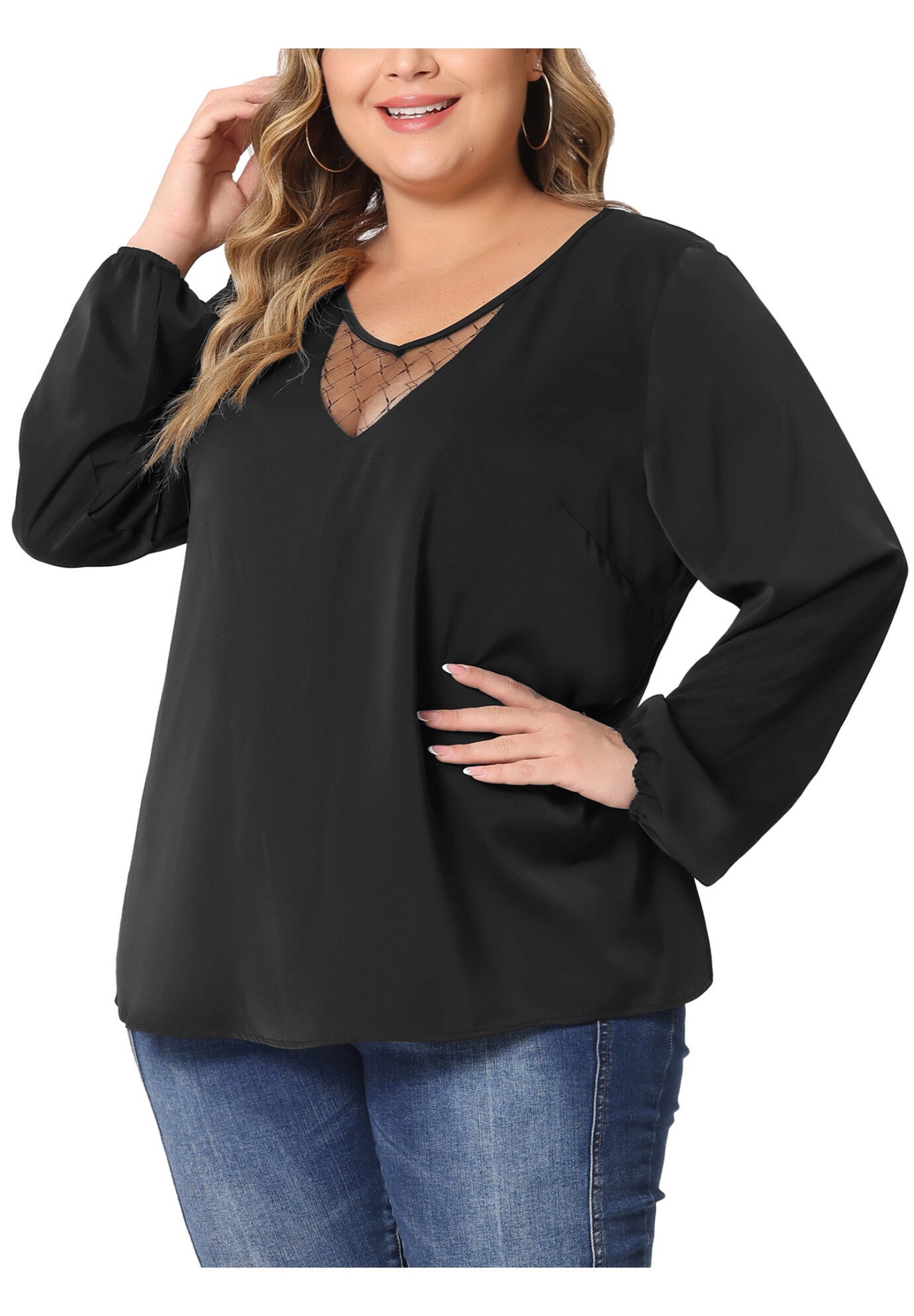 LONG SLEEVE LACE V NECK TOP, Black / Black, alternate image number 1