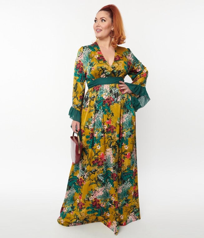 Unique Vintage Yellow & Teal Floral Print Maxi Dress, Yellow / Mustard, hi-res image number null