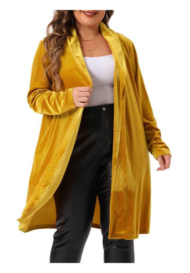OPEN FRONT LIGHTWEIGHT LONG VELVET BLAZER CARDIGAN, Gold / Gold, alternate image number 2