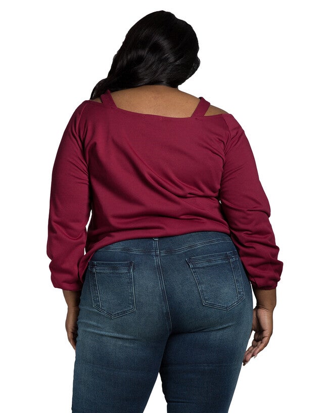 Della Women's V Self Straps Off Shoulder Long Sleeve Top, Sunset / Burgundy, alternate image number 4