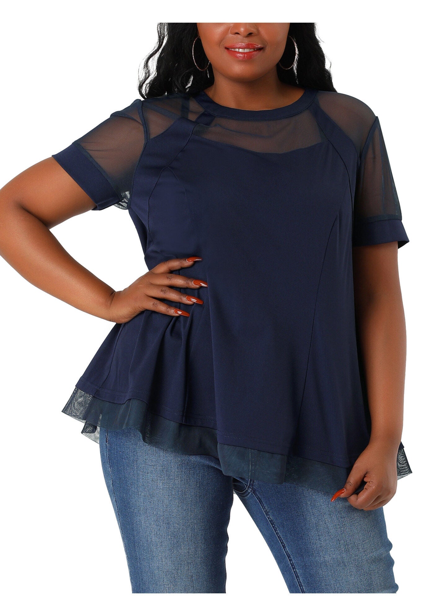 ROUND NECK SHORT SLEEVE MESH SHEER SUMMER PEPLUM TOP, Blue / Navy, hi-res image number 0
