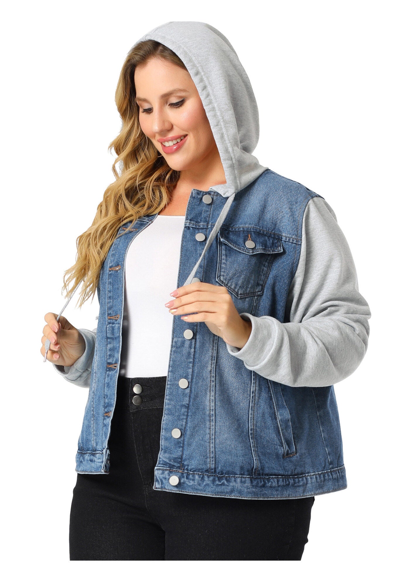 LAYERED DRAWSTRING HOODIE DENIM JEAN JACKET, Blue / Light Blue, alternate image number 2