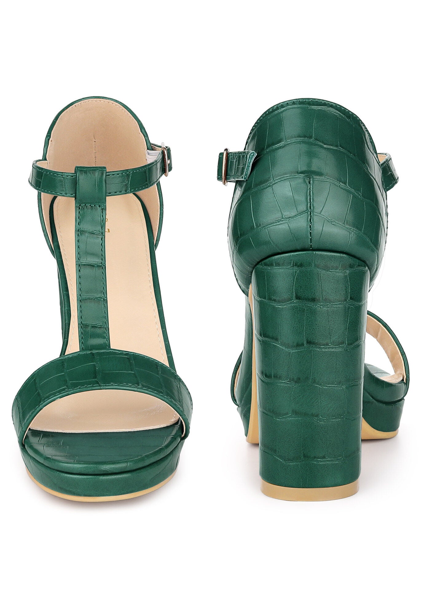 Platform Print Embossed Ankle Strap Chunky Heels Sandals, Dark Green / Forest Green, alternate image number 1