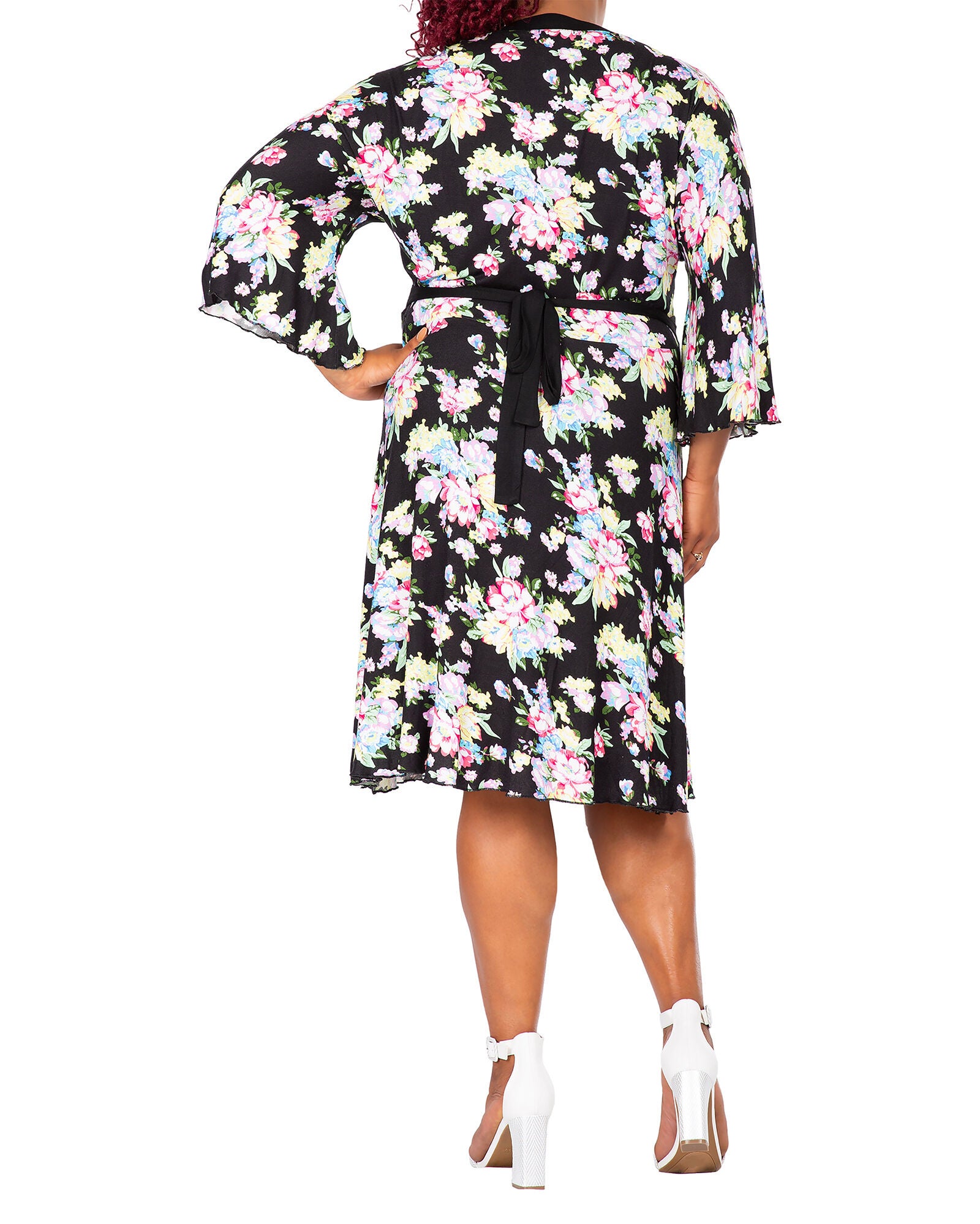 Vienna Women&#39;s Plus Size Spring Floral Print Bell Sleeves V Neck Casual Flowy Mini Dress, Black / Black, alternate image number 2