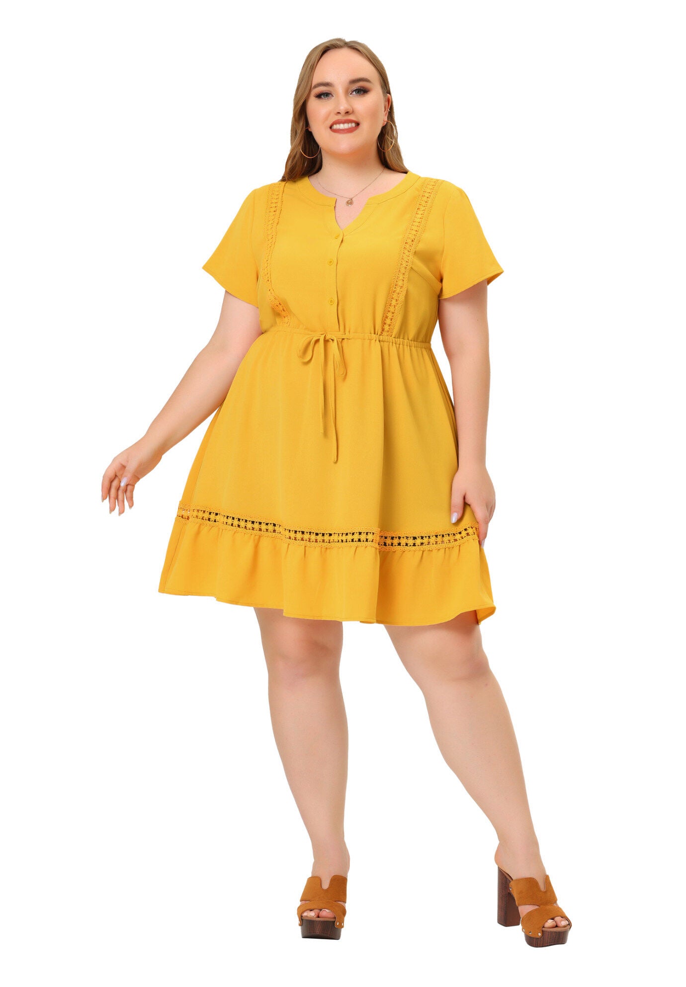 Button V Neck Summer Midi Ruffle A Line Swing Dress, Yellow / Yellow, hi-res image number 0