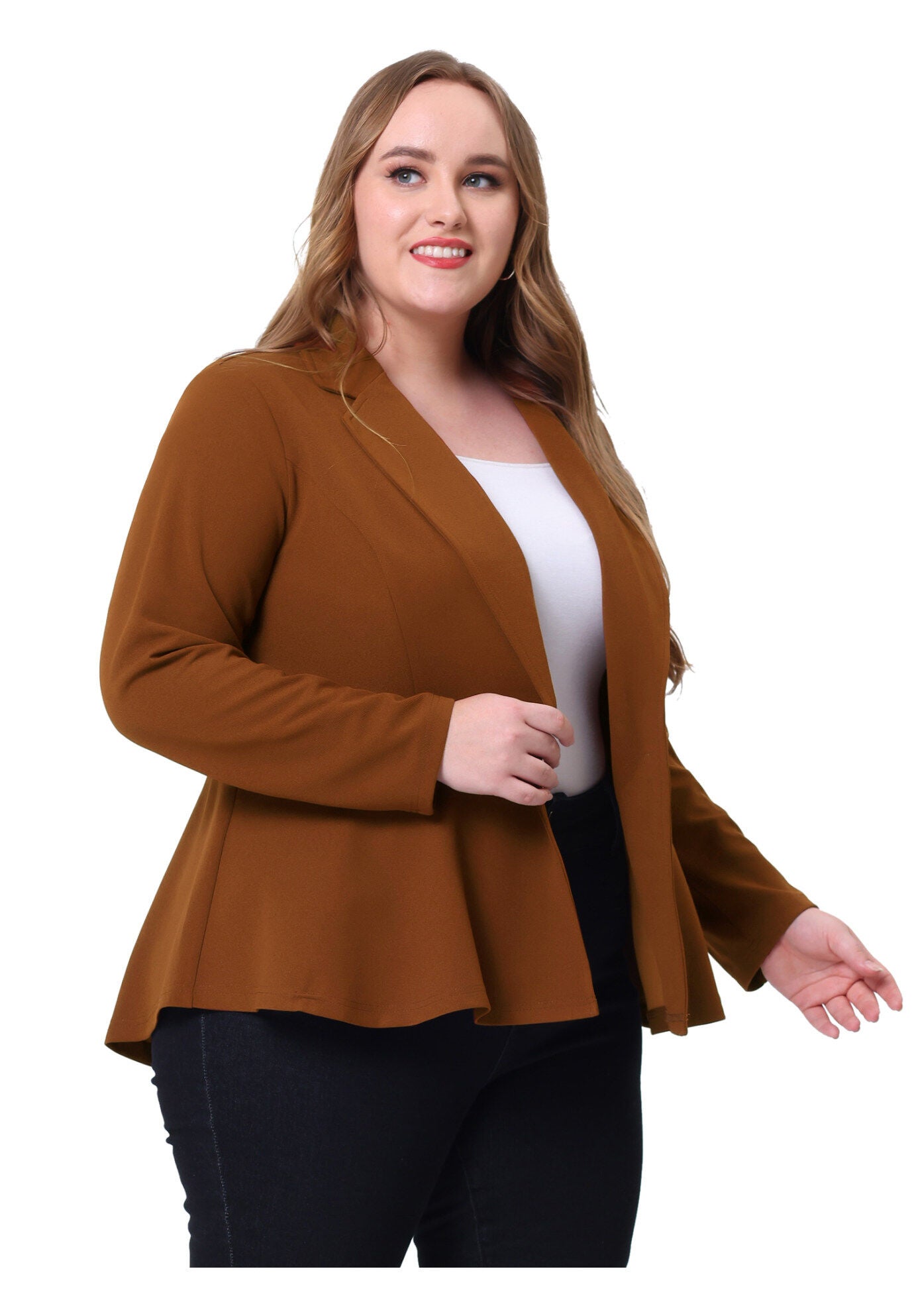 RUFFLE V NECK BUTTON NOTCH PANEL PEPLUM BLAZER, Brown / Brown, alternate image number 1