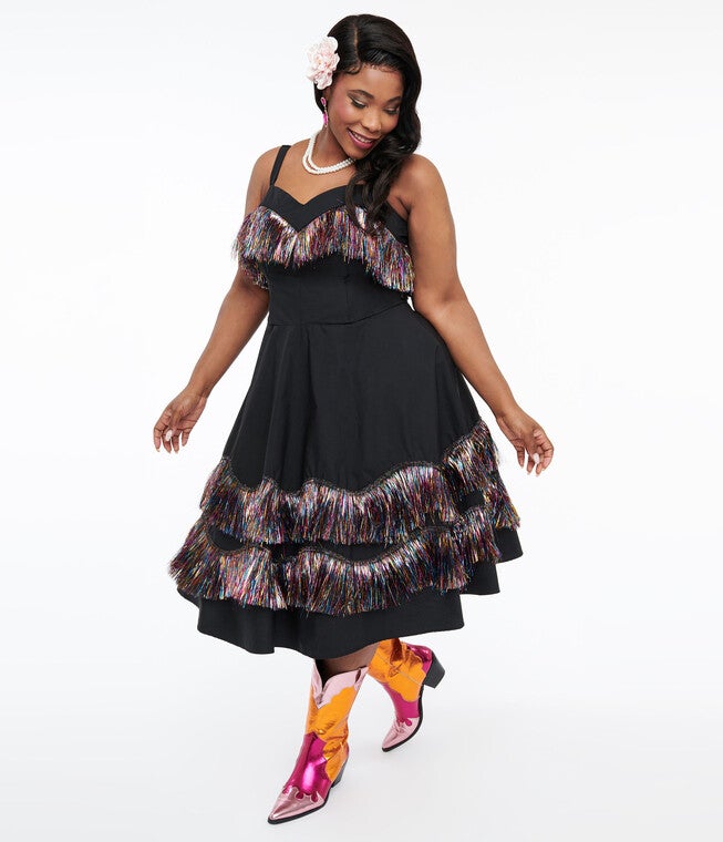 Unique Vintage Black & Rainbow Fringe Girlie Swing Dress, Black Rainbow / Black, hi-res image number 0